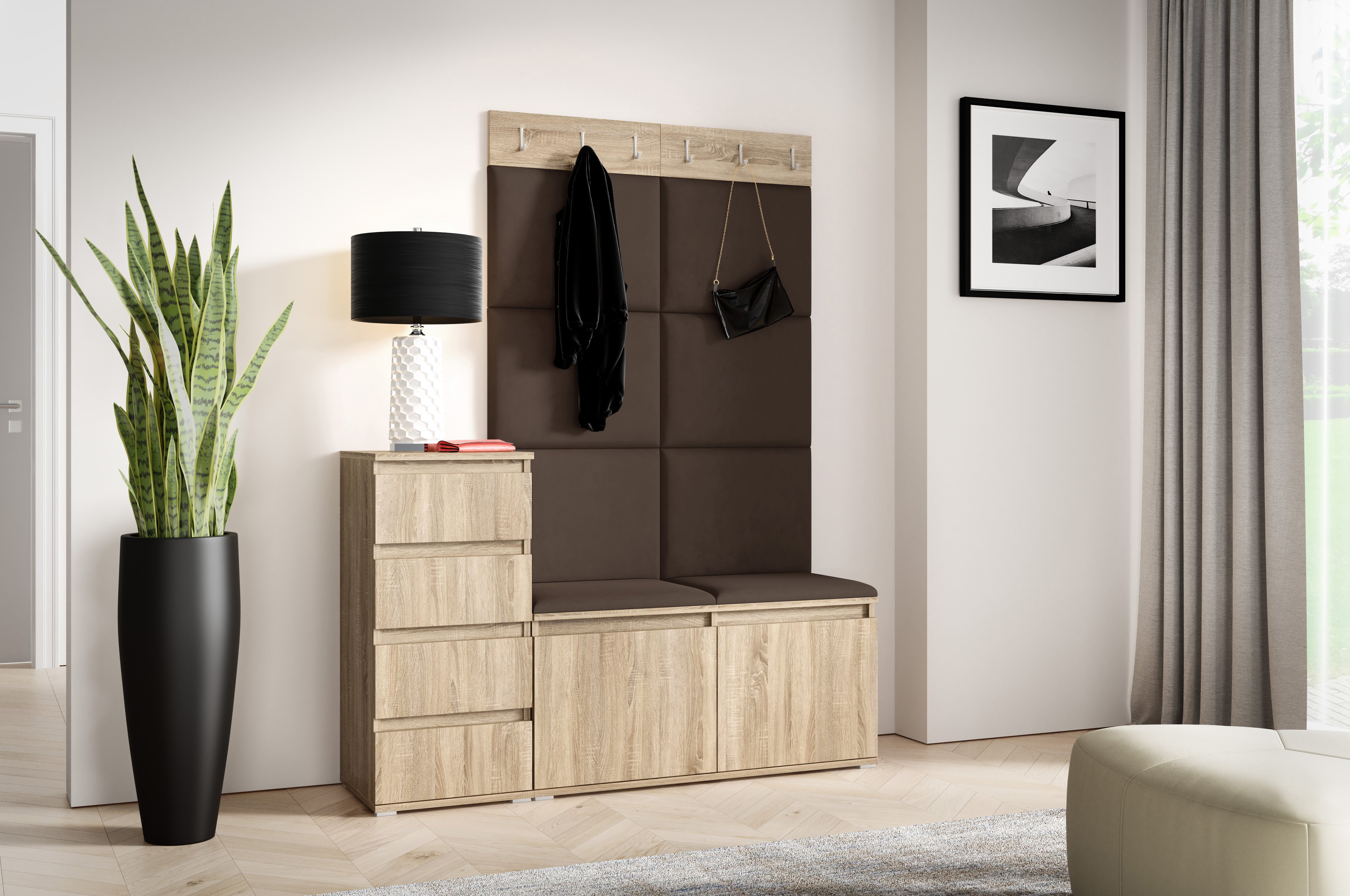 PK Emi 34 Hallway Wardrobe Sonoma Oak- Upholstered Panels in Various Colours