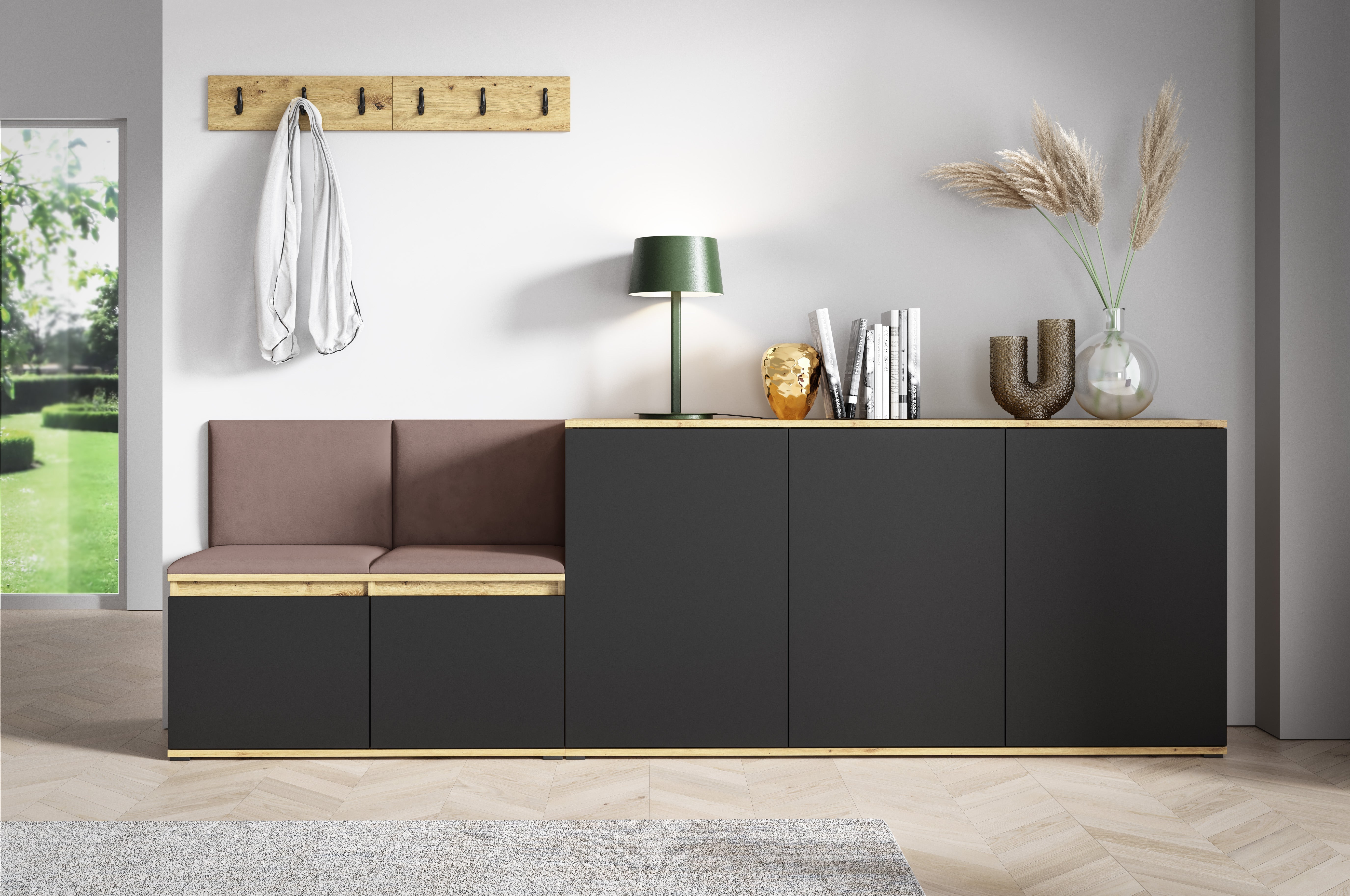 PK Emi 35 Hallway Wardrobe Aristan Oak\Black- Upholstered Panels in Various Colours