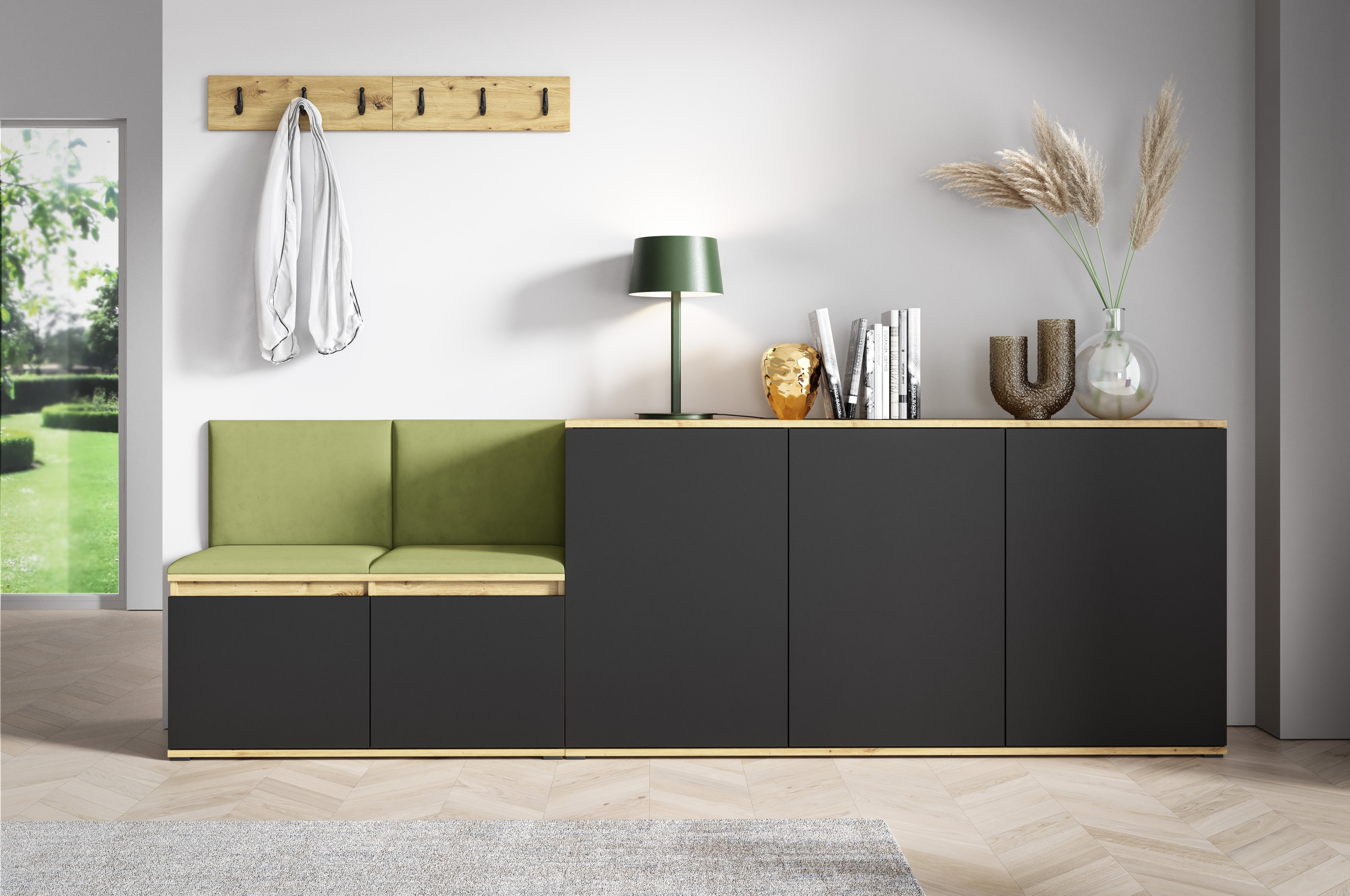 PK Emi 35 Hallway Wardrobe Aristan Oak\Black- Upholstered Panels in Various Colours