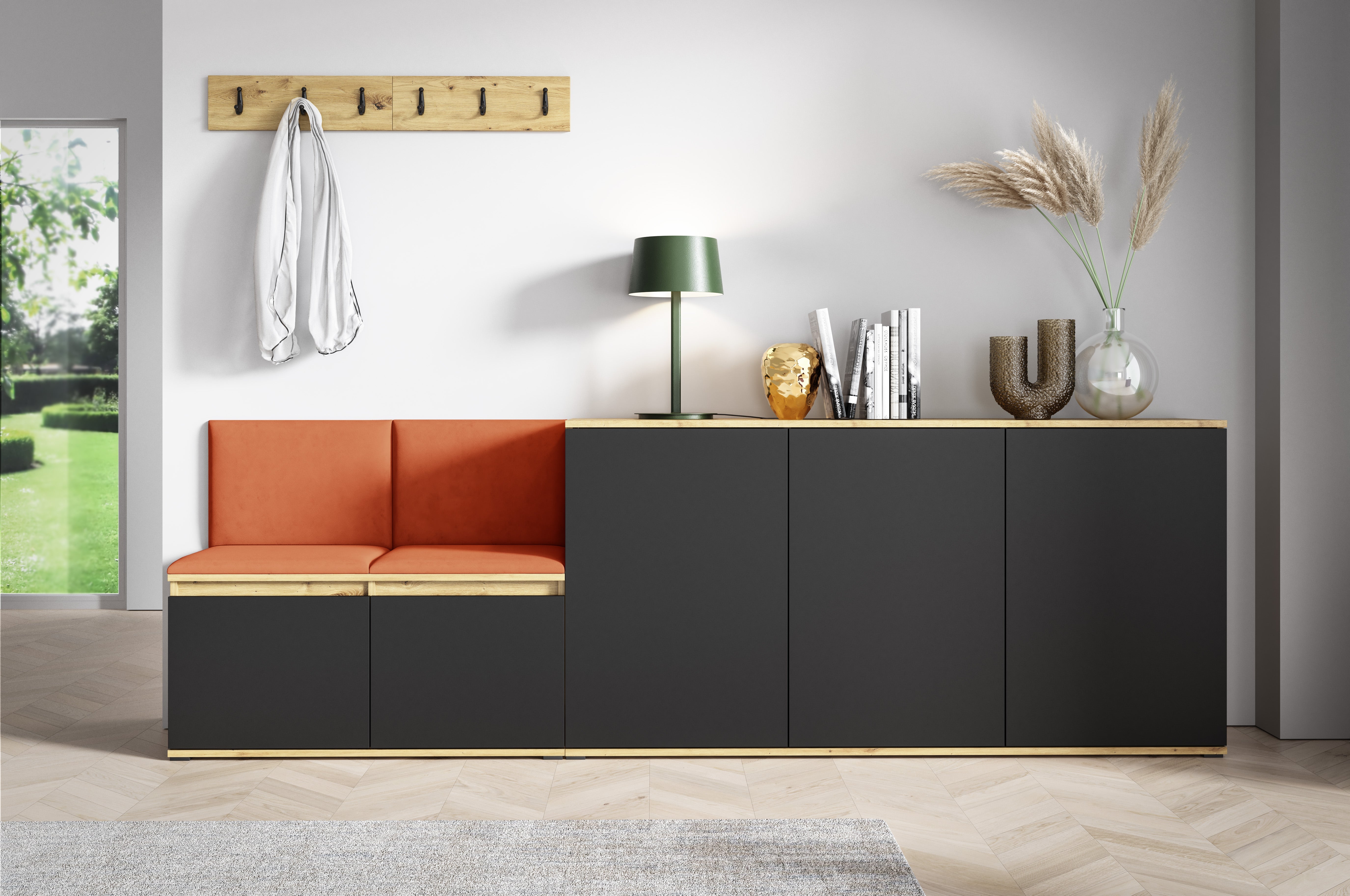 PK Emi 35 Hallway Wardrobe Aristan Oak\Black- Upholstered Panels in Various Colours