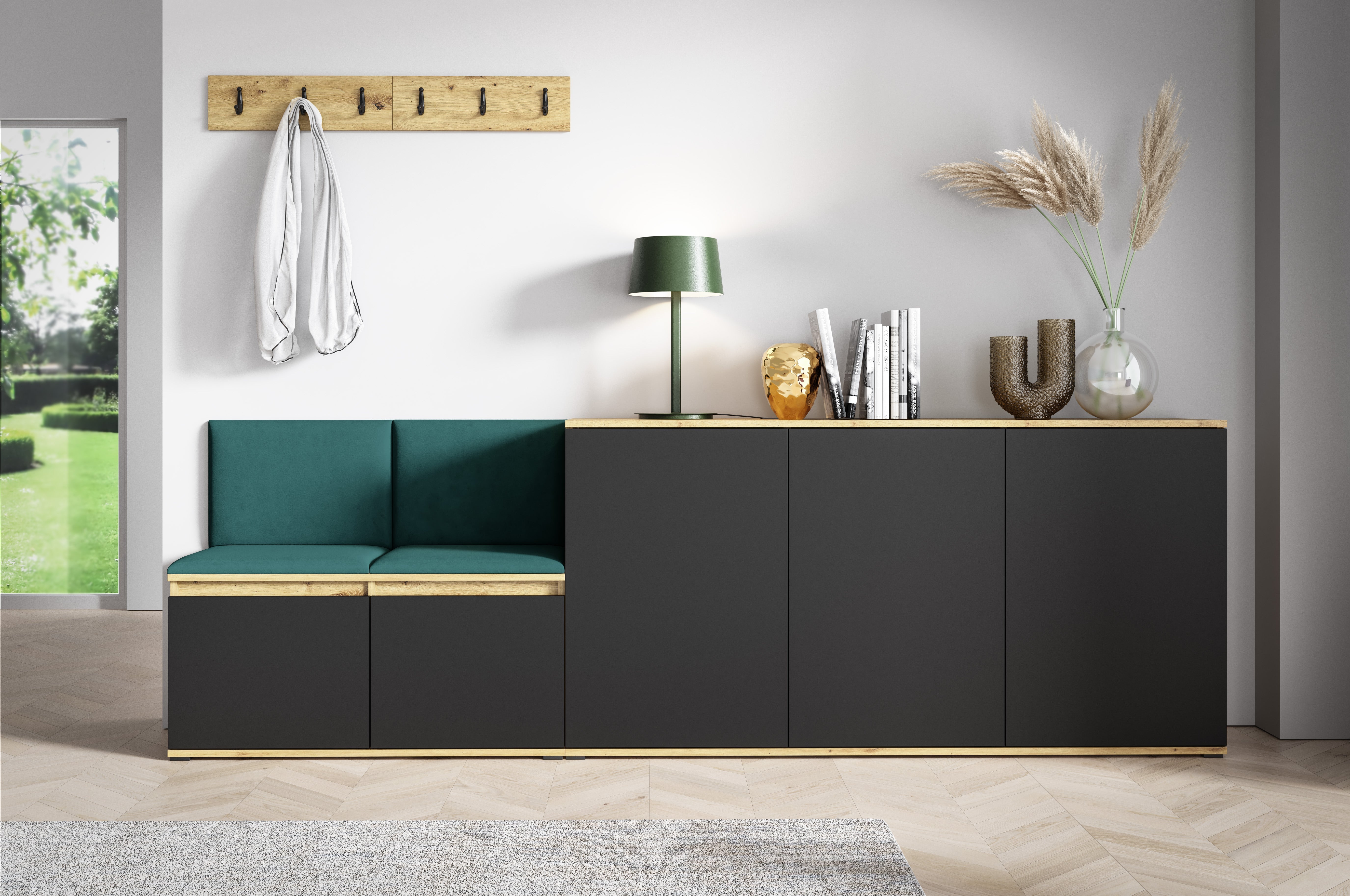 PK Emi 35 Hallway Wardrobe Aristan Oak\Black- Upholstered Panels in Various Colours