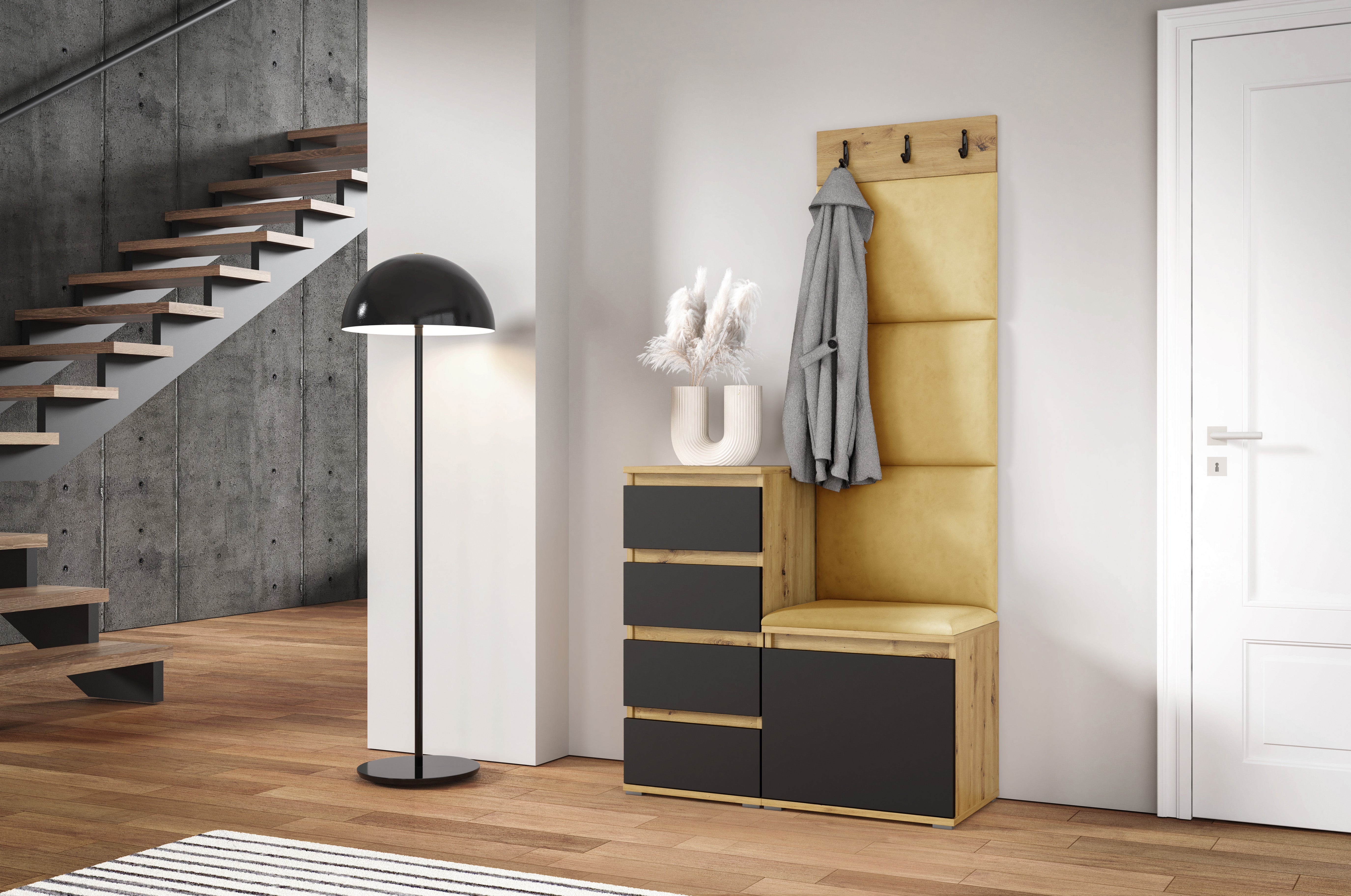 PK Emi 36 Hallway Wardrobe Aristan Oak\Black  - Upholstered Panels in Various Colours