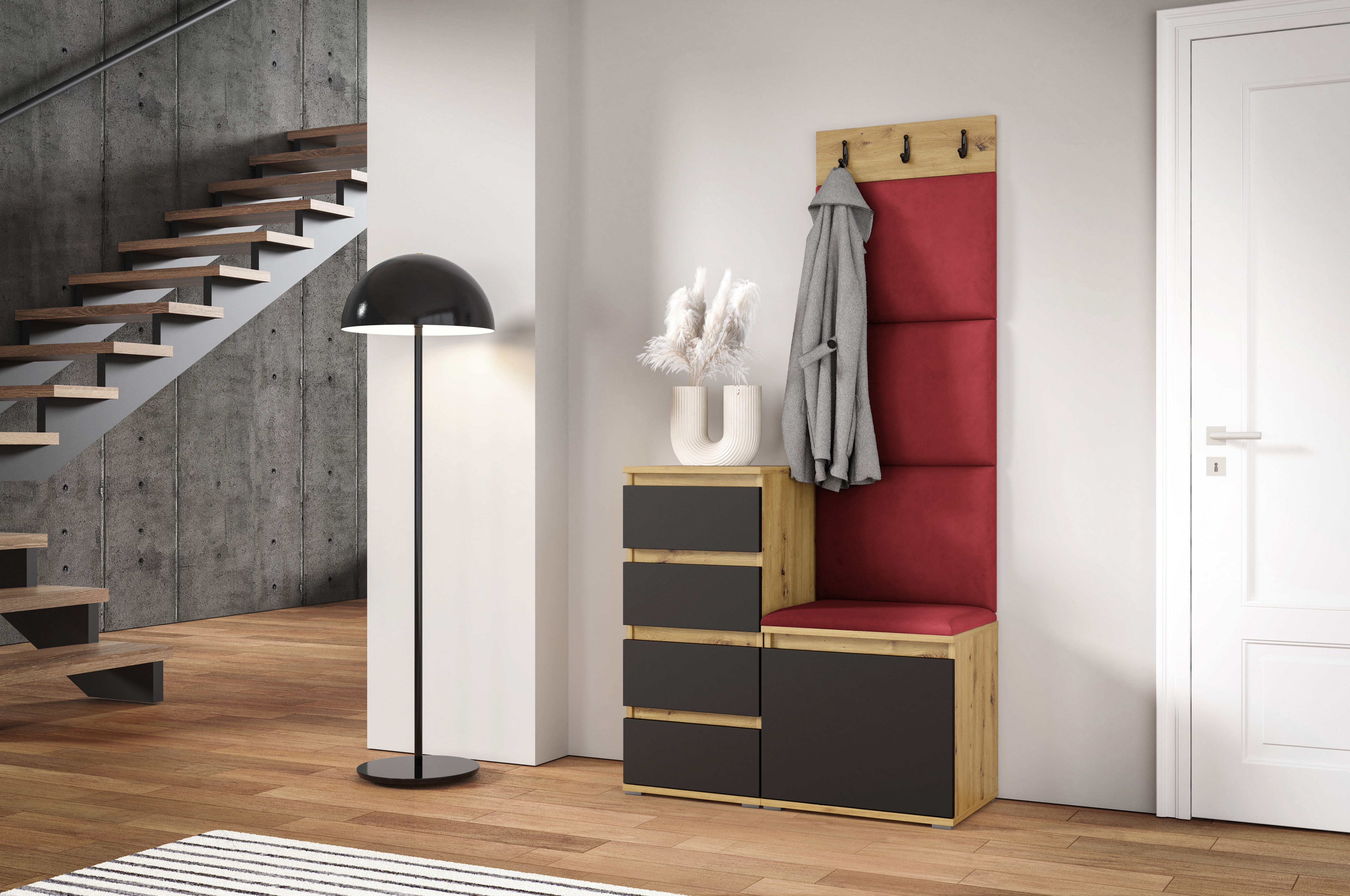 PK Emi 36 Hallway Wardrobe Aristan Oak\Black  - Upholstered Panels in Various Colours