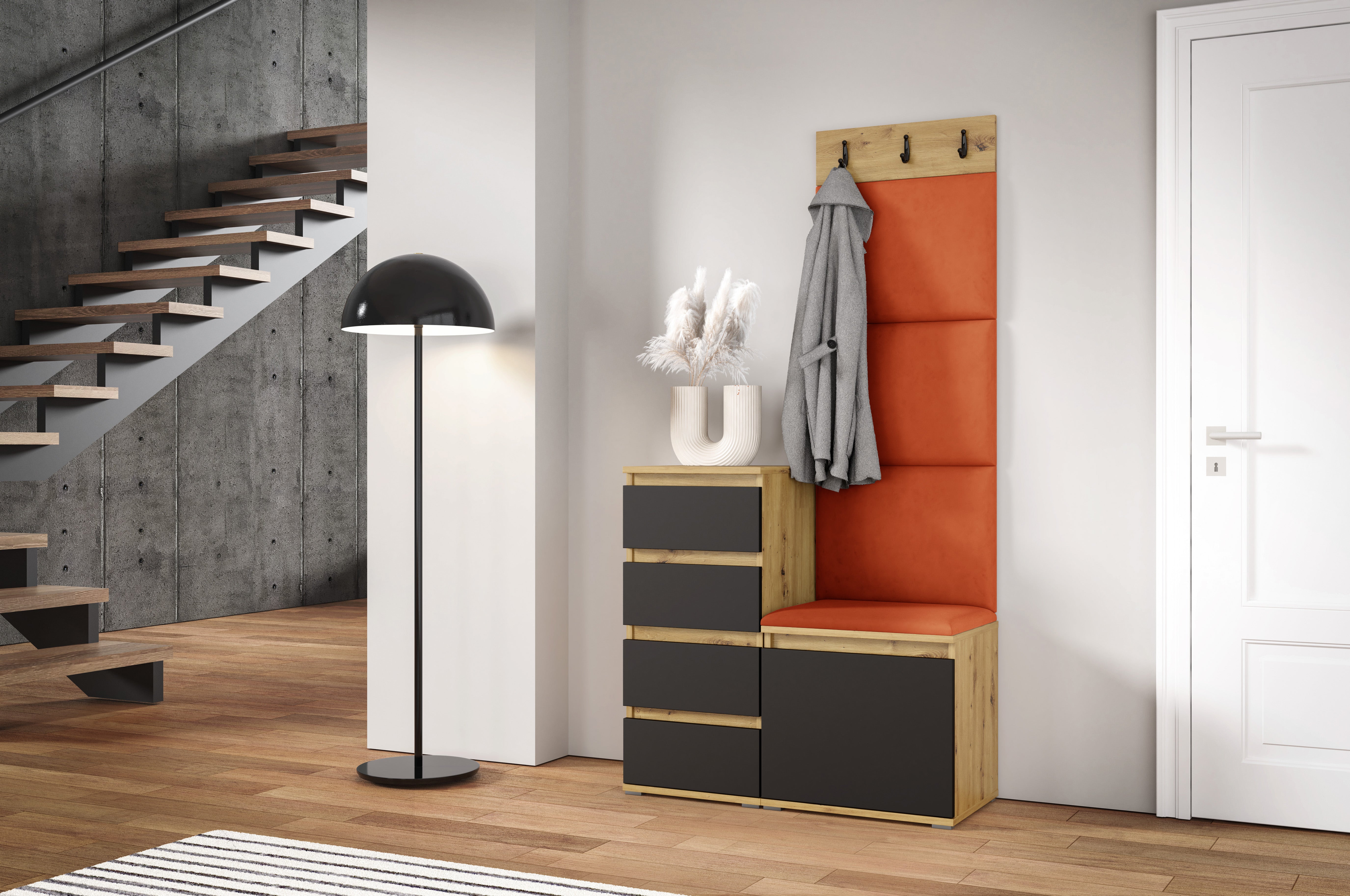 PK Emi 36 Hallway Wardrobe Aristan Oak\Black  - Upholstered Panels in Various Colours