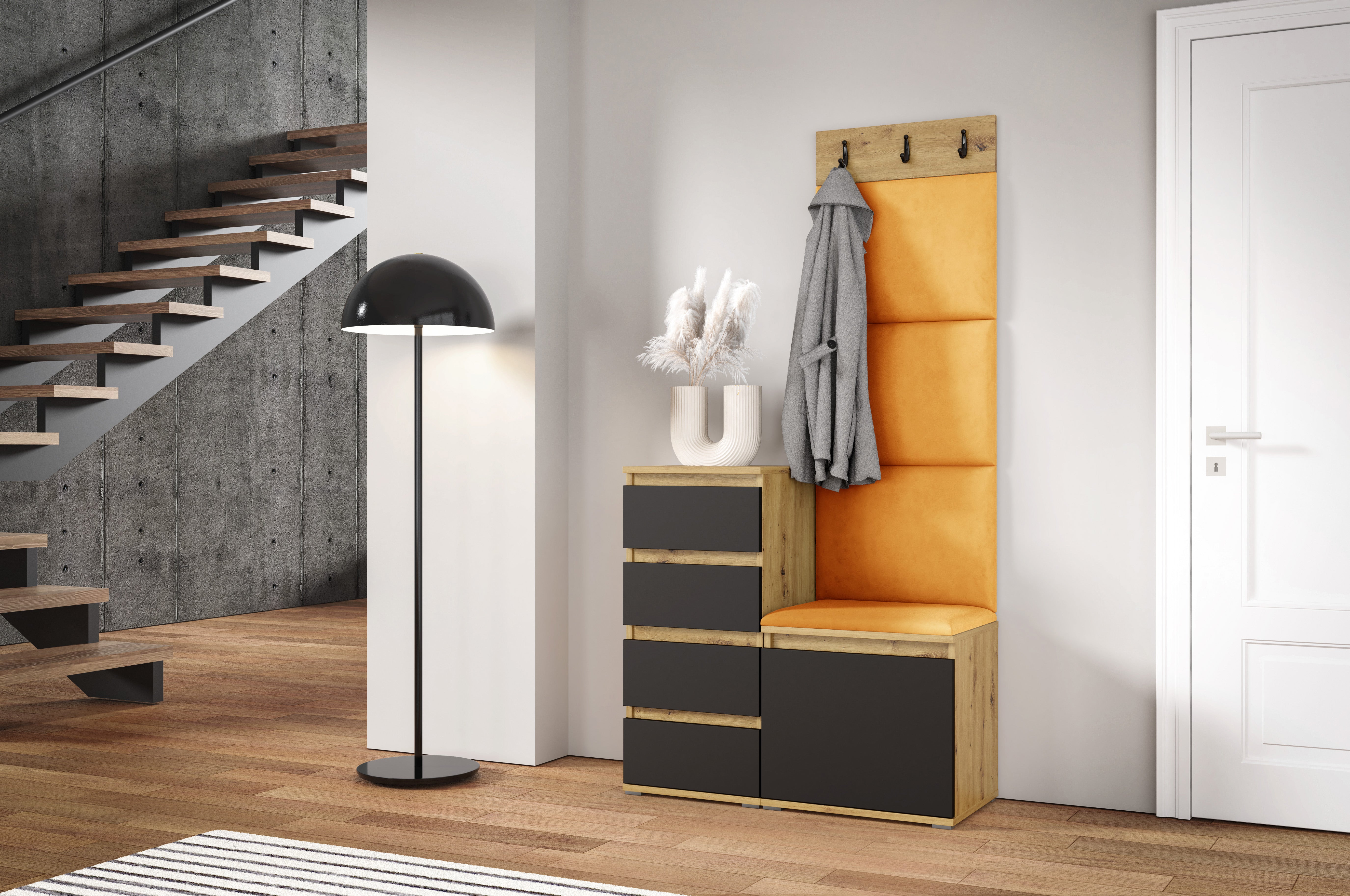 PK Emi 36 Hallway Wardrobe Aristan Oak\Black  - Upholstered Panels in Various Colours