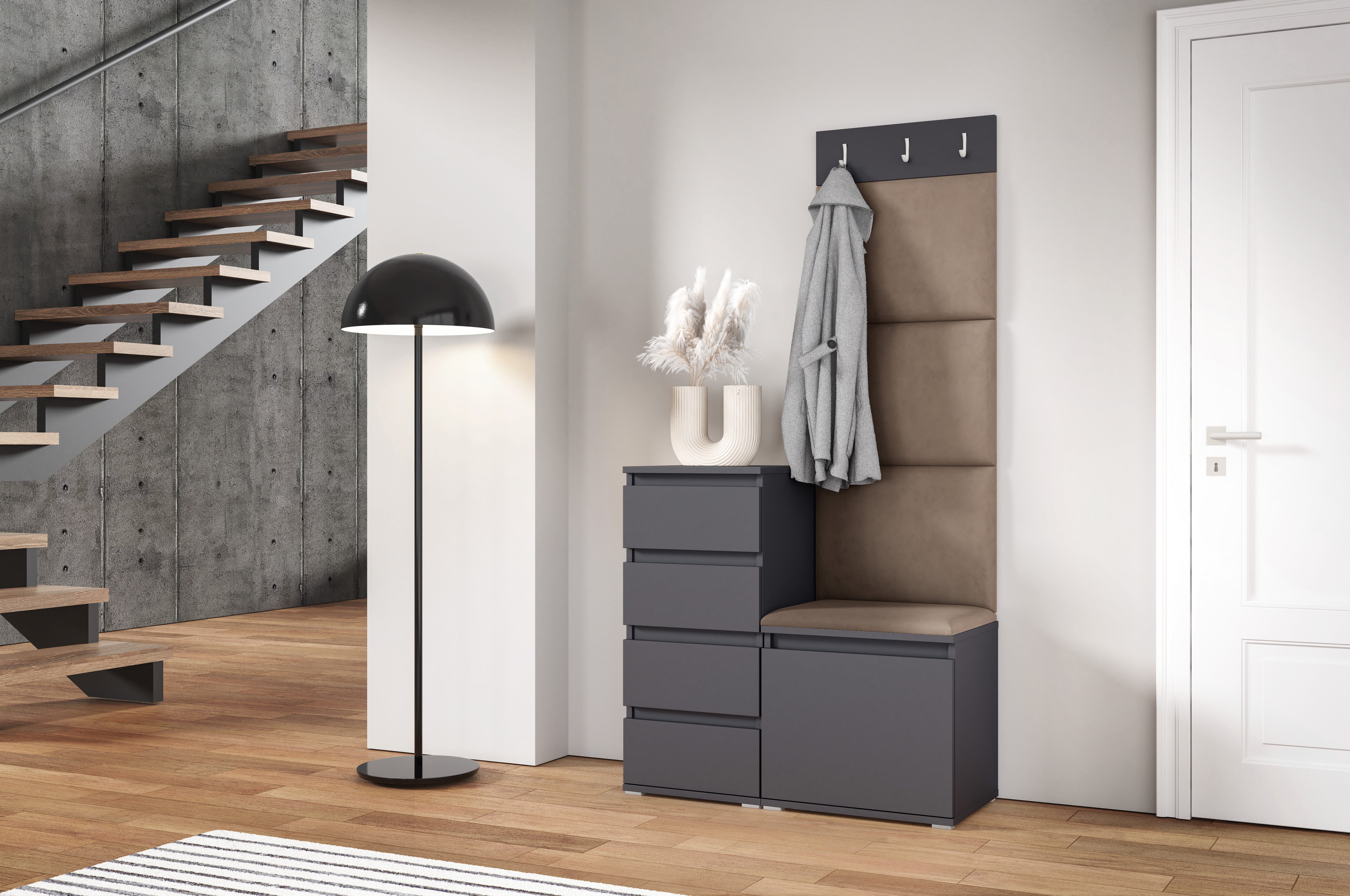 PK Emi 36 Hallway Wardrobe Graphite - Upholstered Panels in Various Colours