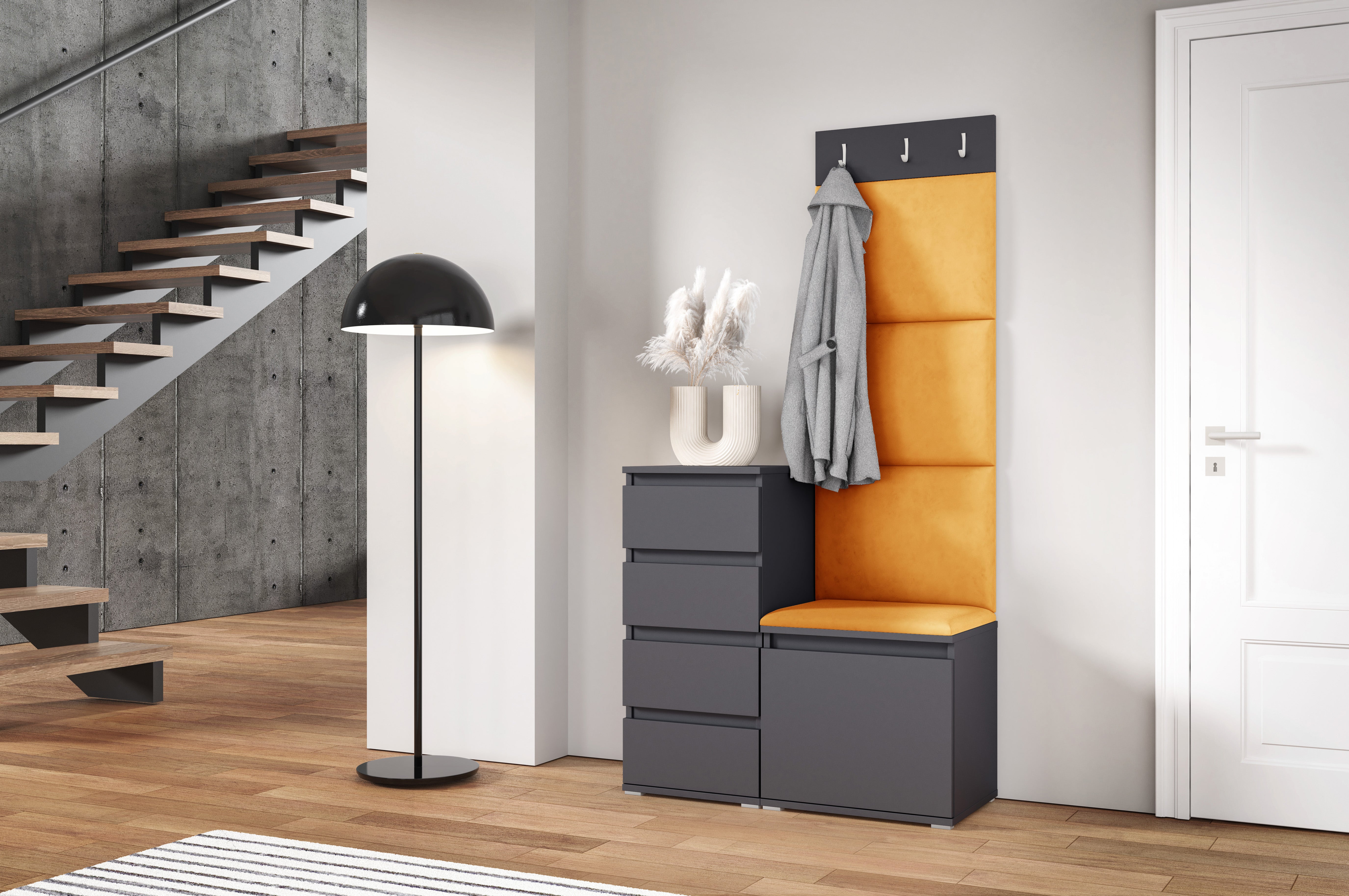 PK Emi 36 Hallway Wardrobe Graphite - Upholstered Panels in Various Colours