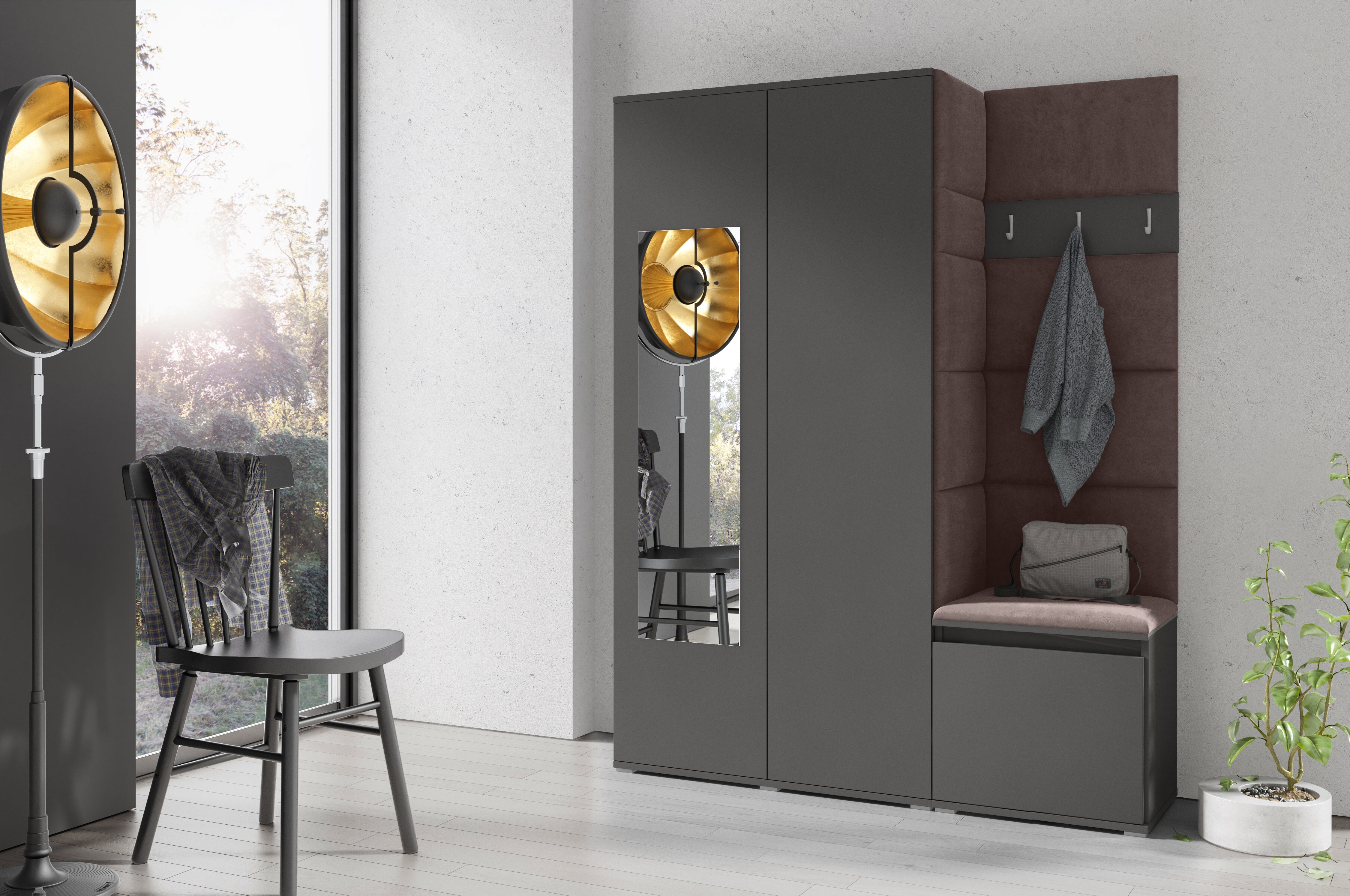 PK Emi 11 Hallway Wardrobe Graphite - Upholstered Panels in Various Colours