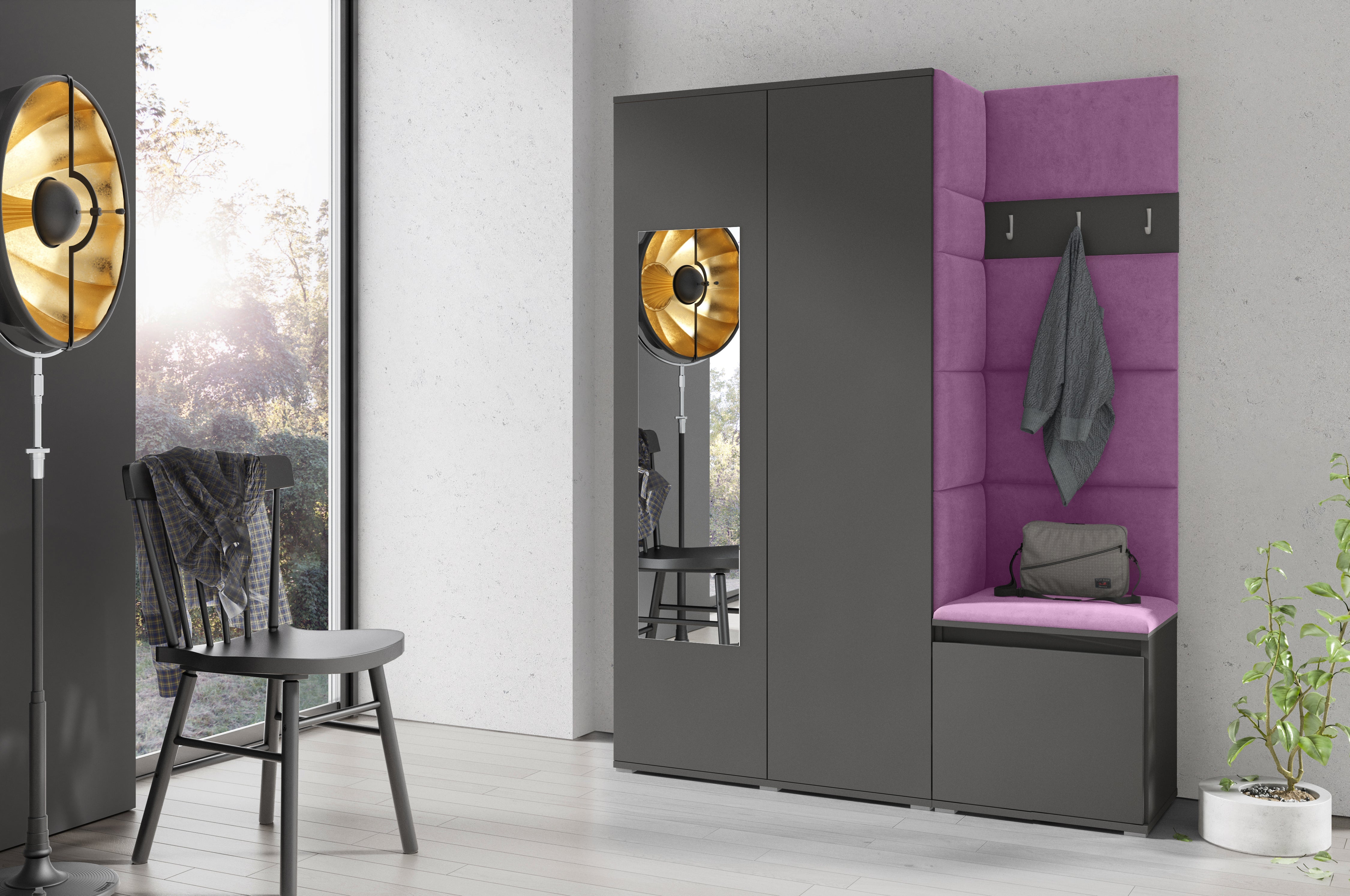 PK Emi 11 Hallway Wardrobe Graphite - Upholstered Panels in Various Colours