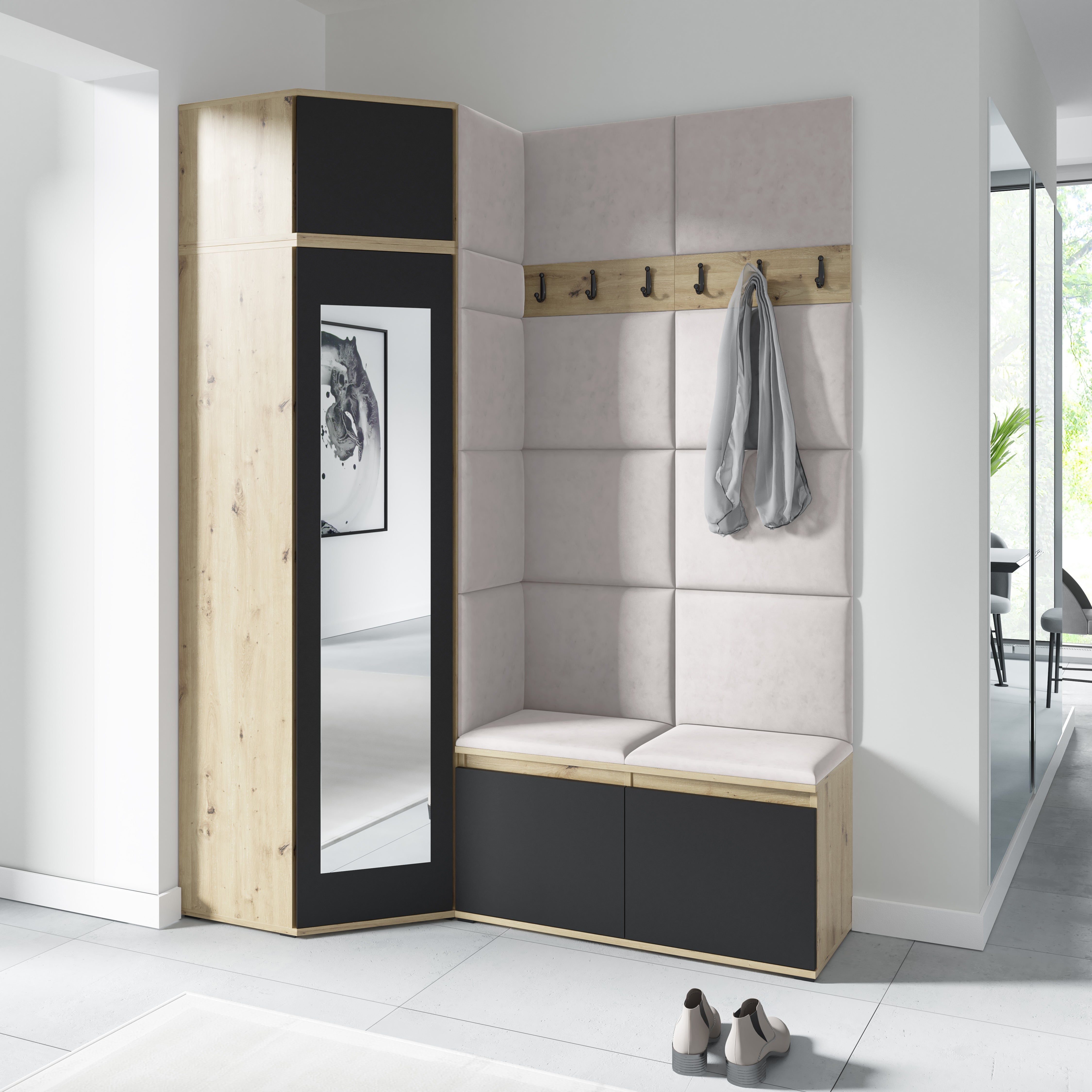 PK Emi 37 Hallway Wardrobe Aristan Oak\Black- Upholstered Panels in Various Colours