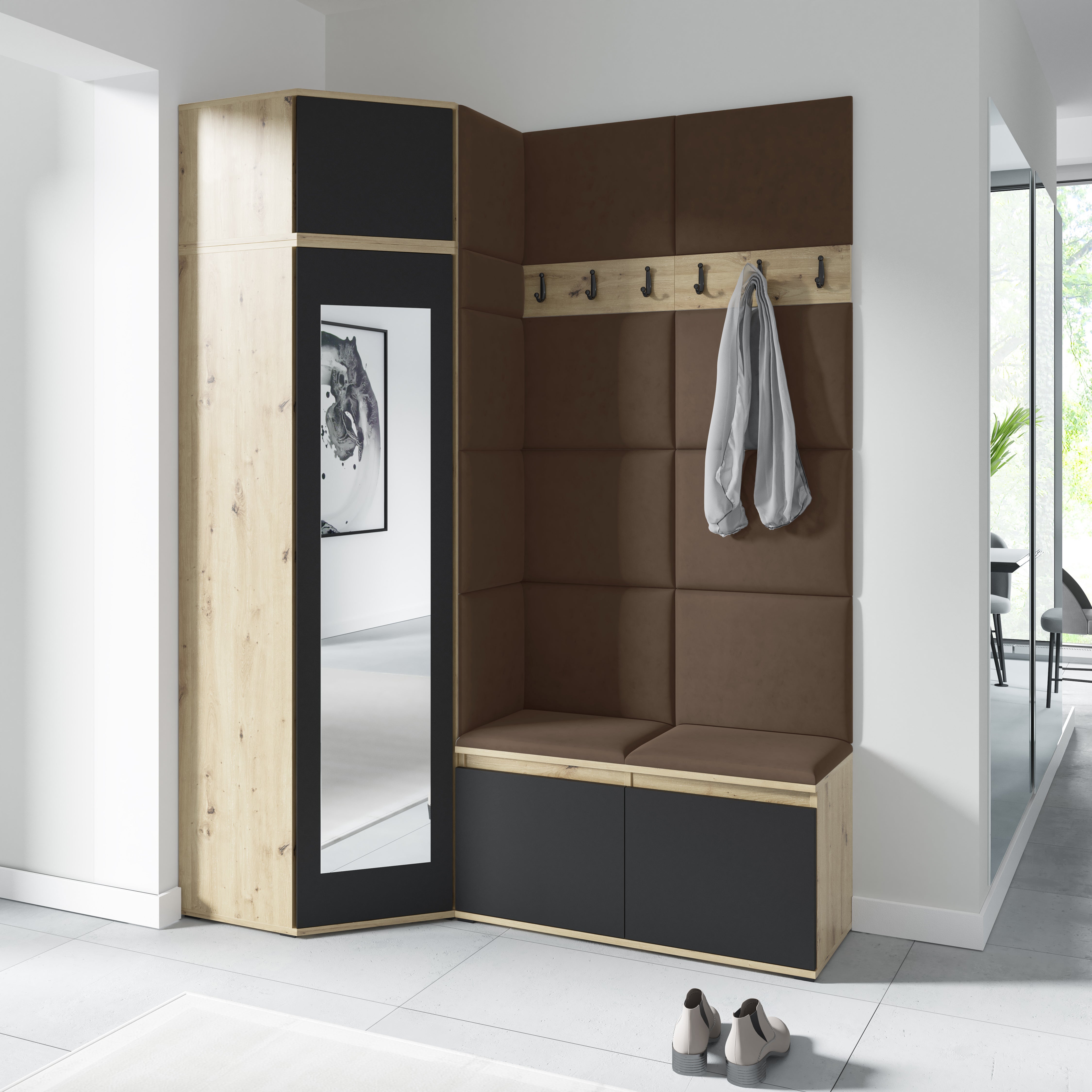 PK Emi 37 Hallway Wardrobe Aristan Oak\Black- Upholstered Panels in Various Colours