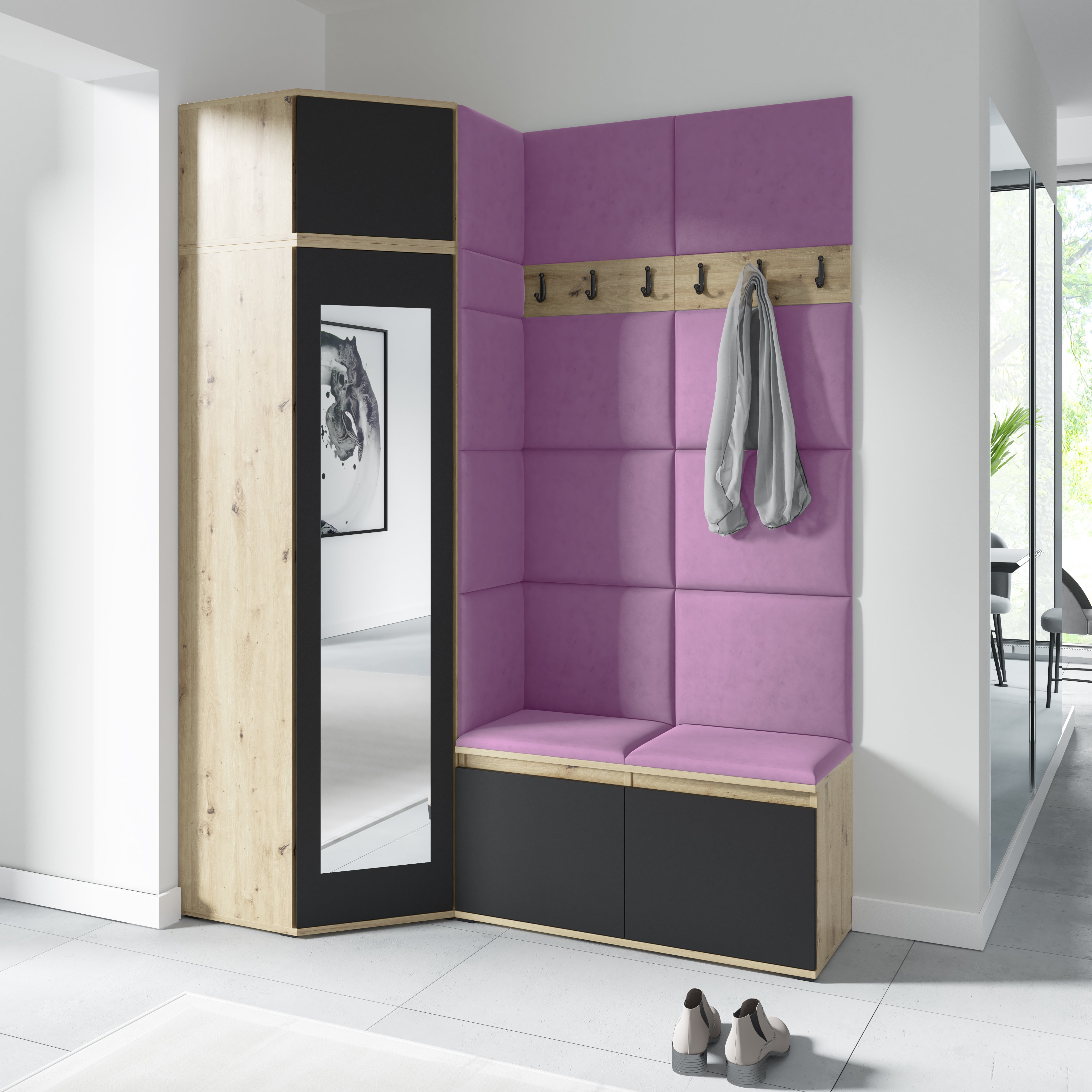 PK Emi 37 Hallway Wardrobe Aristan Oak\Black- Upholstered Panels in Various Colours