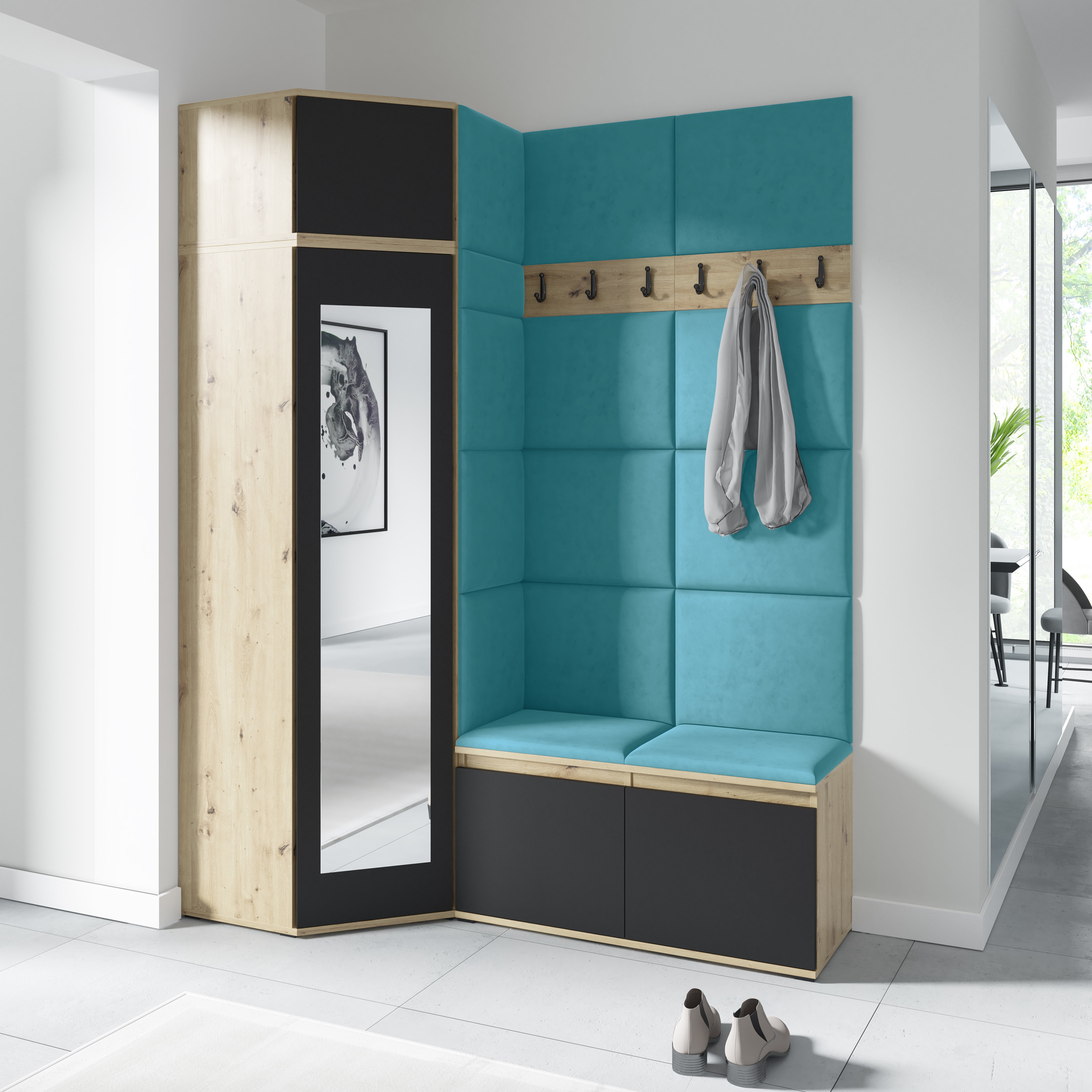 PK Emi 37 Hallway Wardrobe Aristan Oak\Black- Upholstered Panels in Various Colours