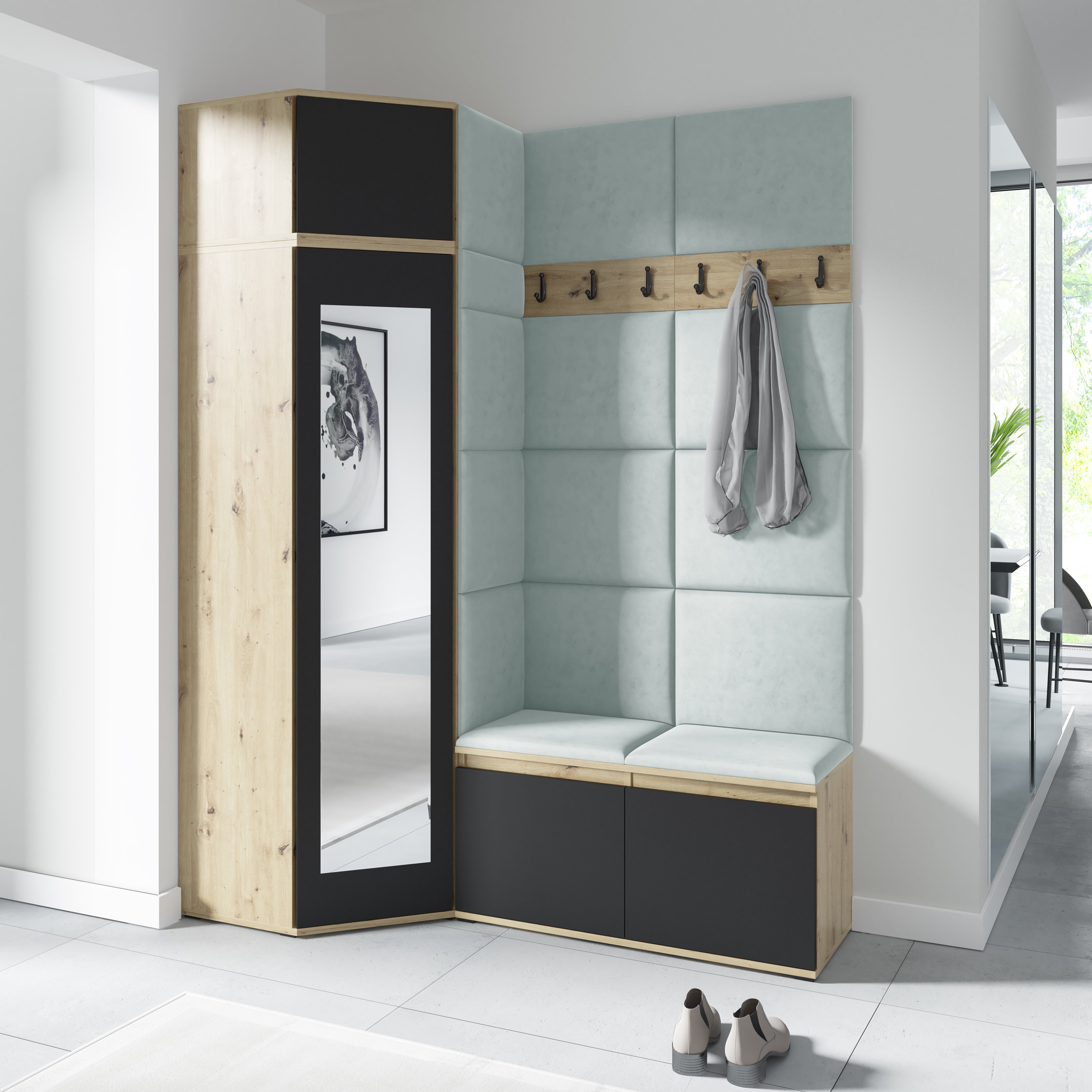 PK Emi 37 Hallway Wardrobe Aristan Oak\Black- Upholstered Panels in Various Colours