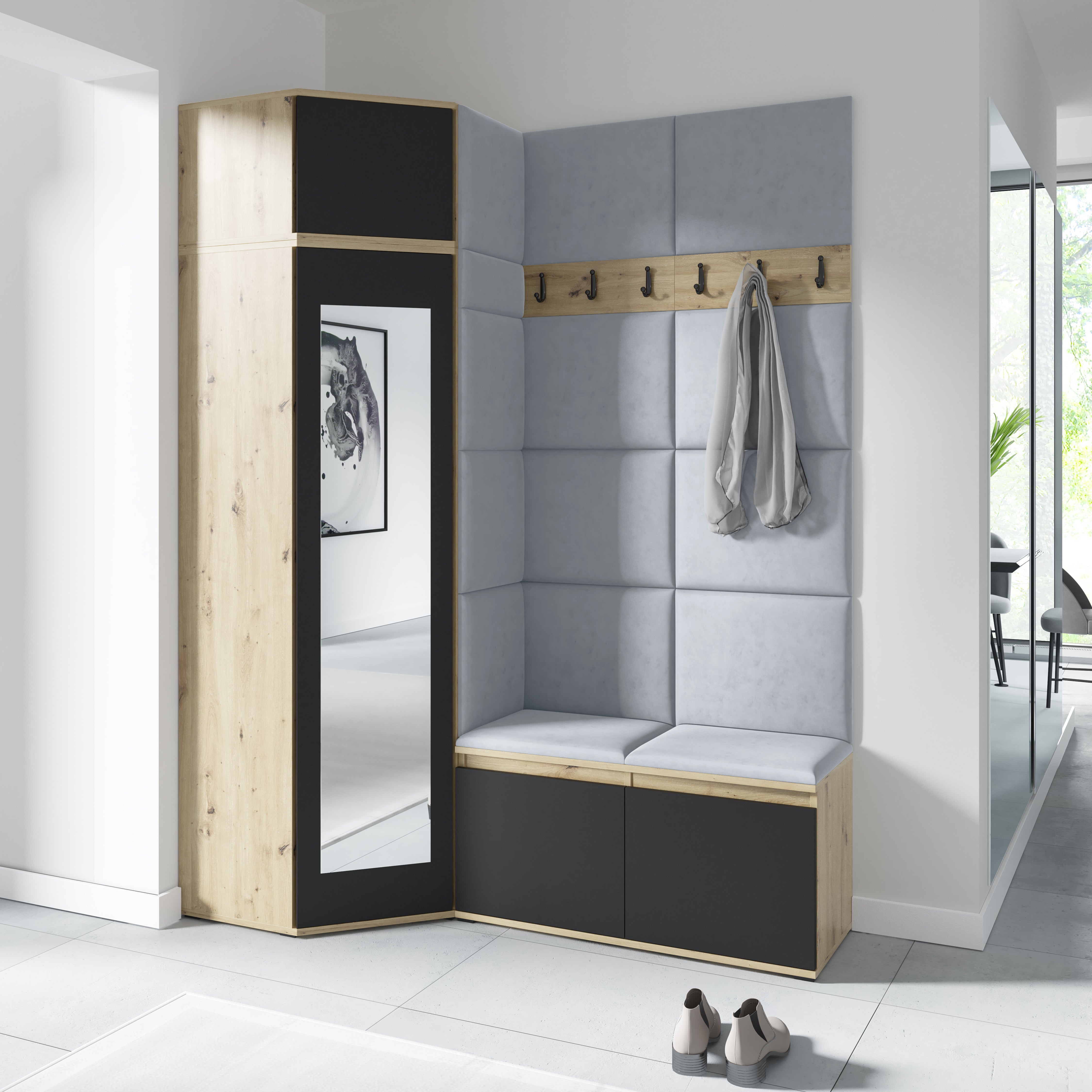 PK Emi 37 Hallway Wardrobe Aristan Oak\Black- Upholstered Panels in Various Colours