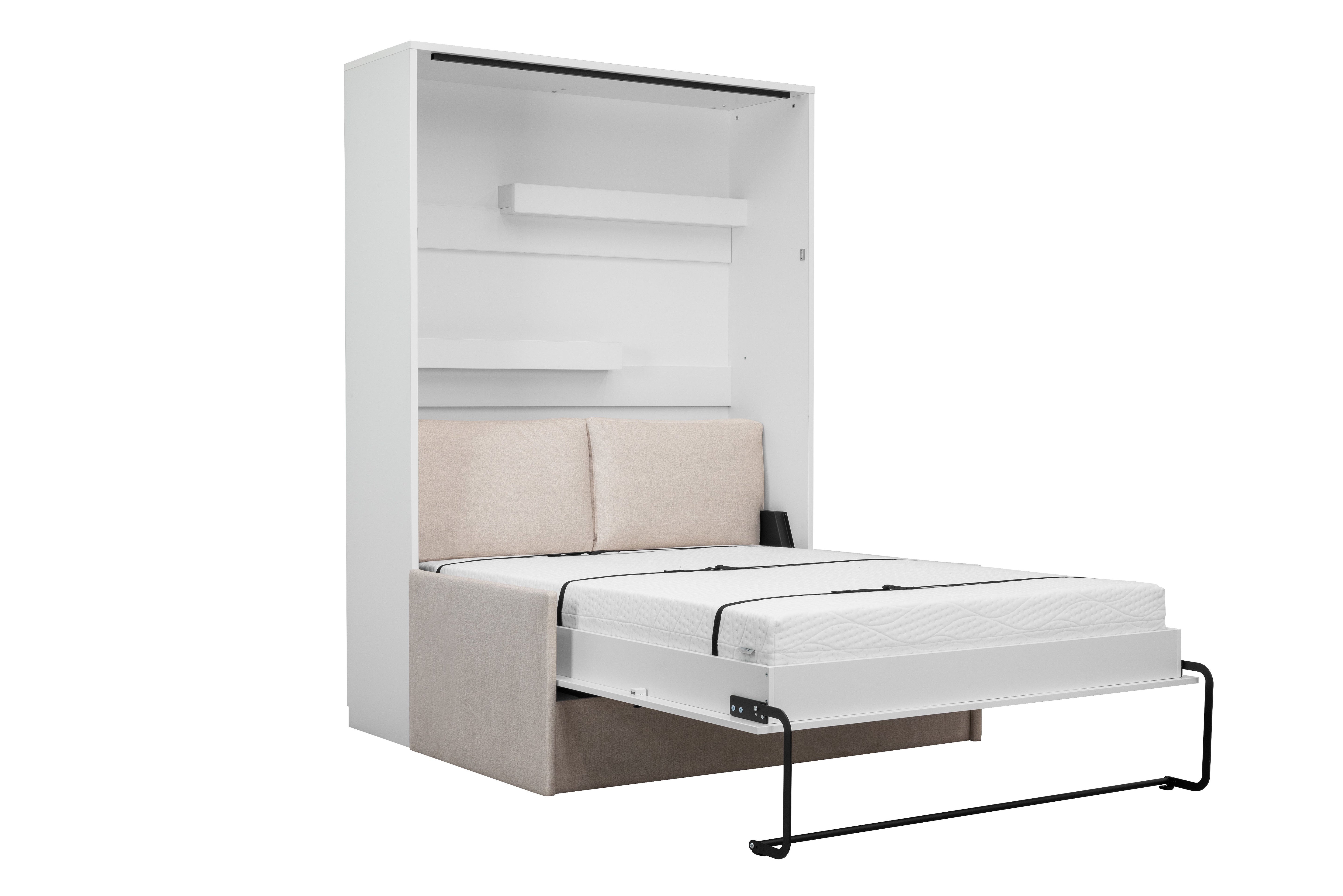 Genius Schrankbett mit Sofa Hochglanz Weiß – für 140x200 cm Matratze
