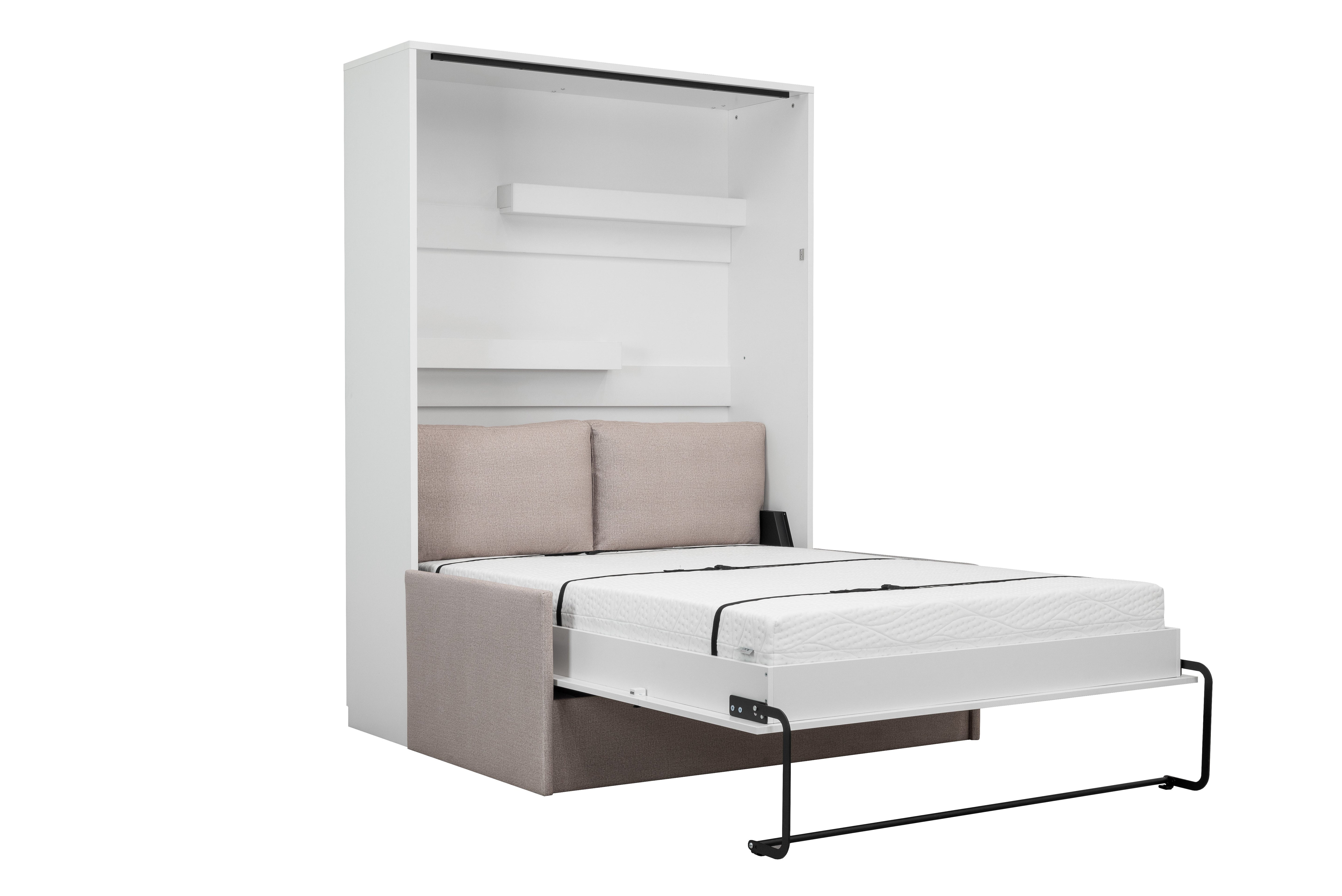 Genius Schrankbett mit Sofa Hochglanz Weiß – für 140x200 cm Matratze