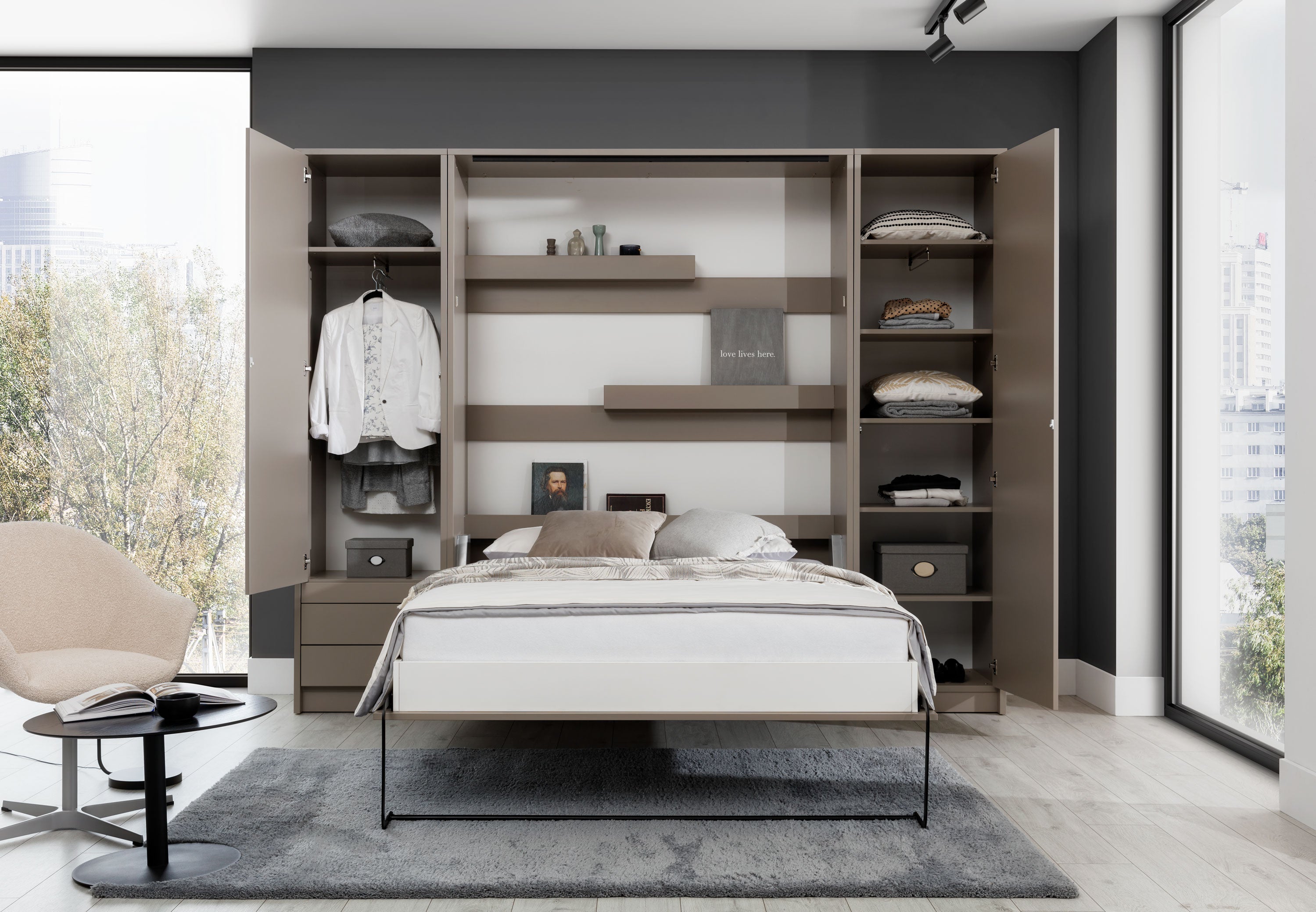 Anpassbares Genius Wandbett-Möbelset 160 x 200 cm Kongo, LED-Beleuchtung