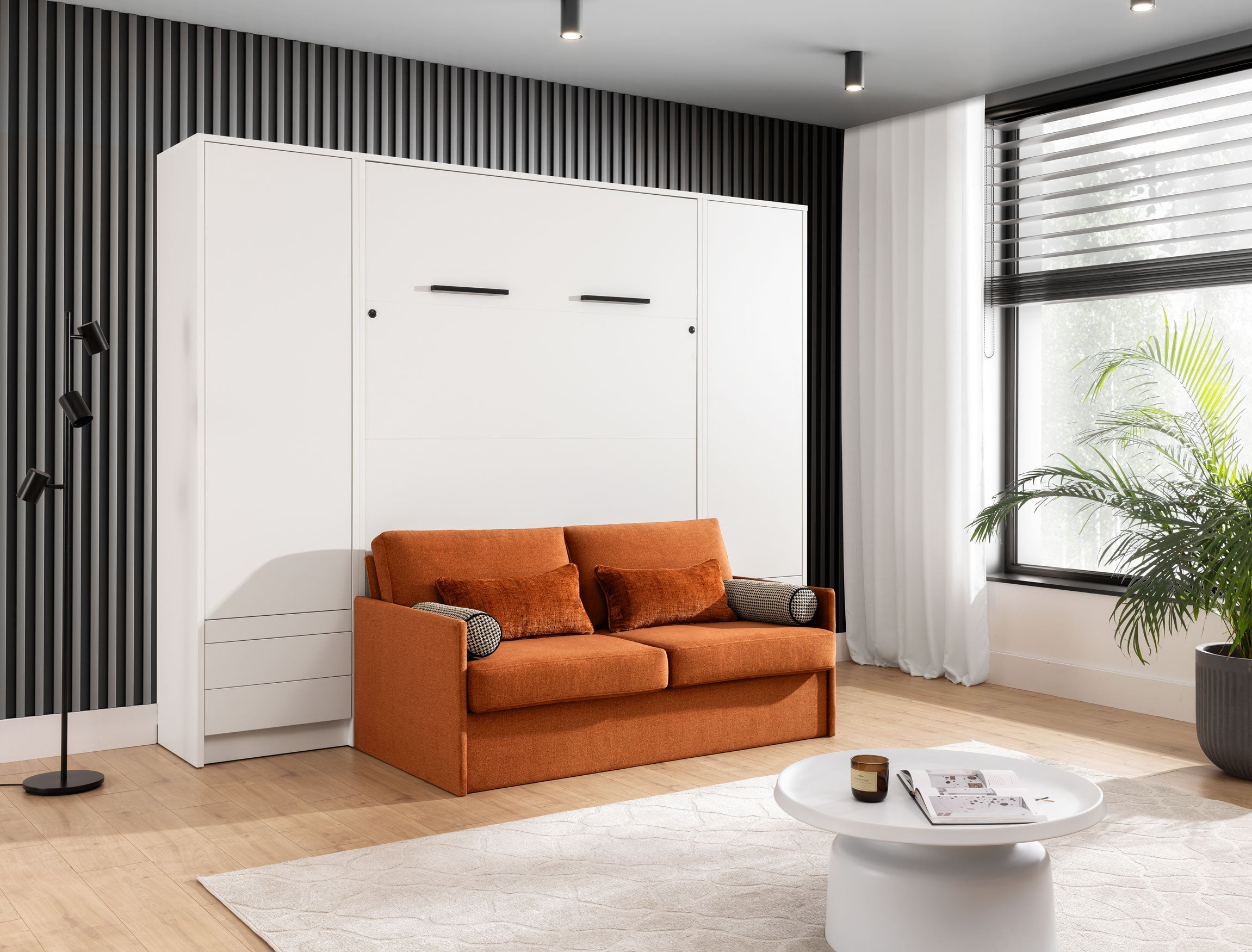 Schrankbett Genius mit Sofa, Weiß matt – für 140x200 cm Matratze