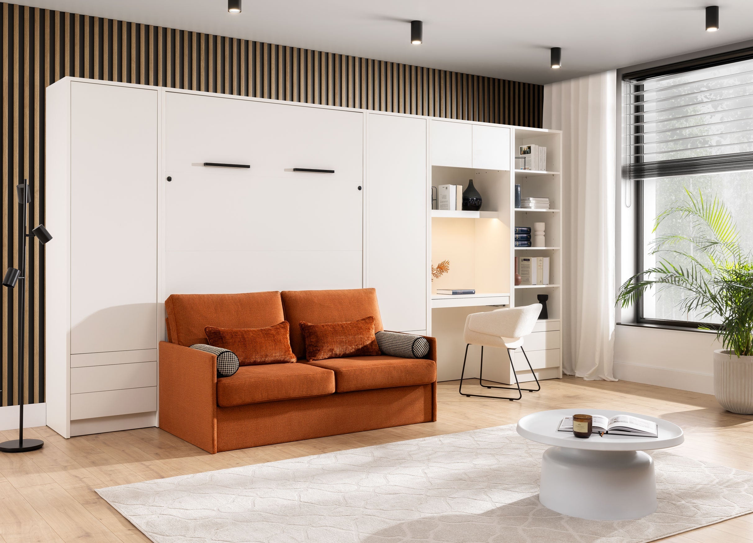 Schrankbett Genius mit Sofa, Weiß matt – für 140x200 cm Matratze