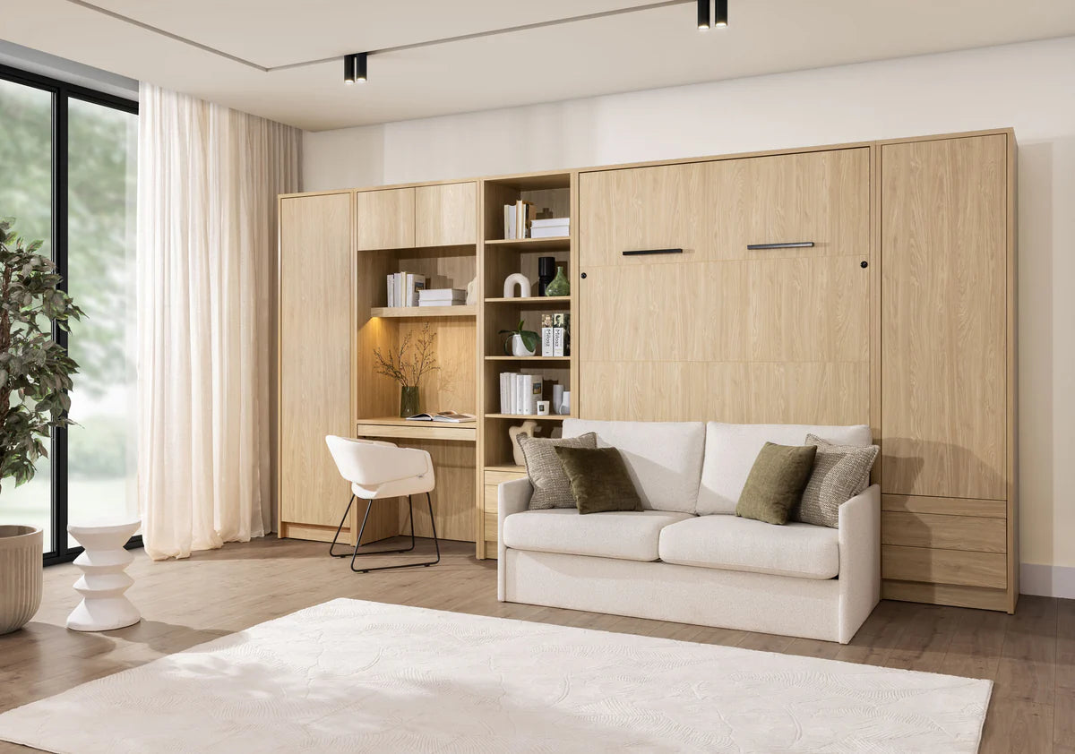 Anpassbares Genius-Wandbett mit Sofagarnitur 140 x 200 cm, geölte Eiche, LED-Beleuchtung