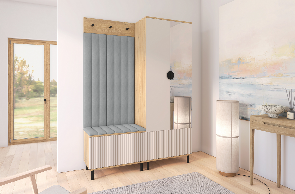 Bello Garderoben-Set 1 – Bein- und Spiegelfarbe wählbar, Paneelfarbe | Kaschmir & Cremona Eiche