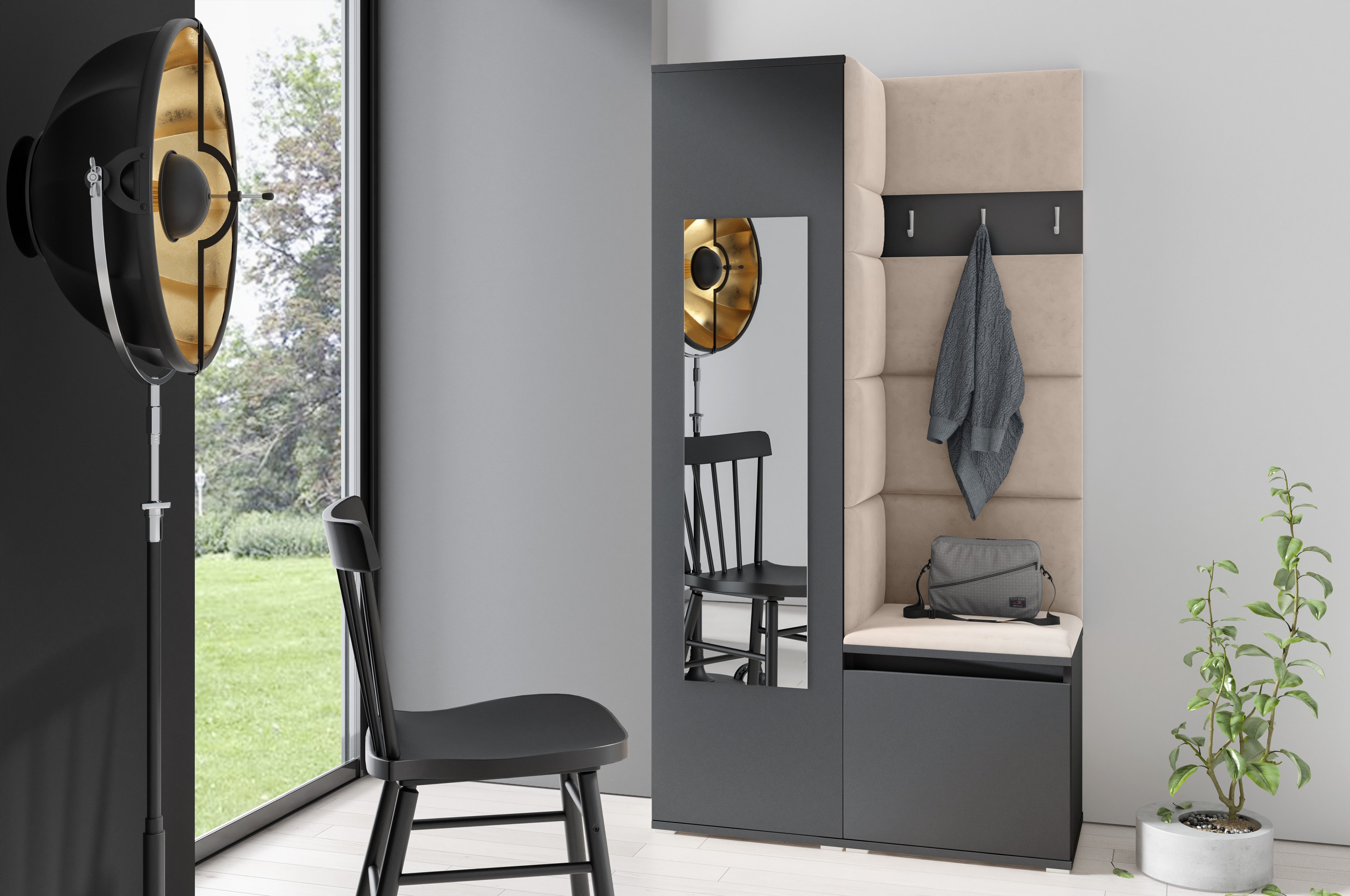 PK Emi 13 Hallway Wardrobe Graphite - Upholstered Panels in Various Colours
