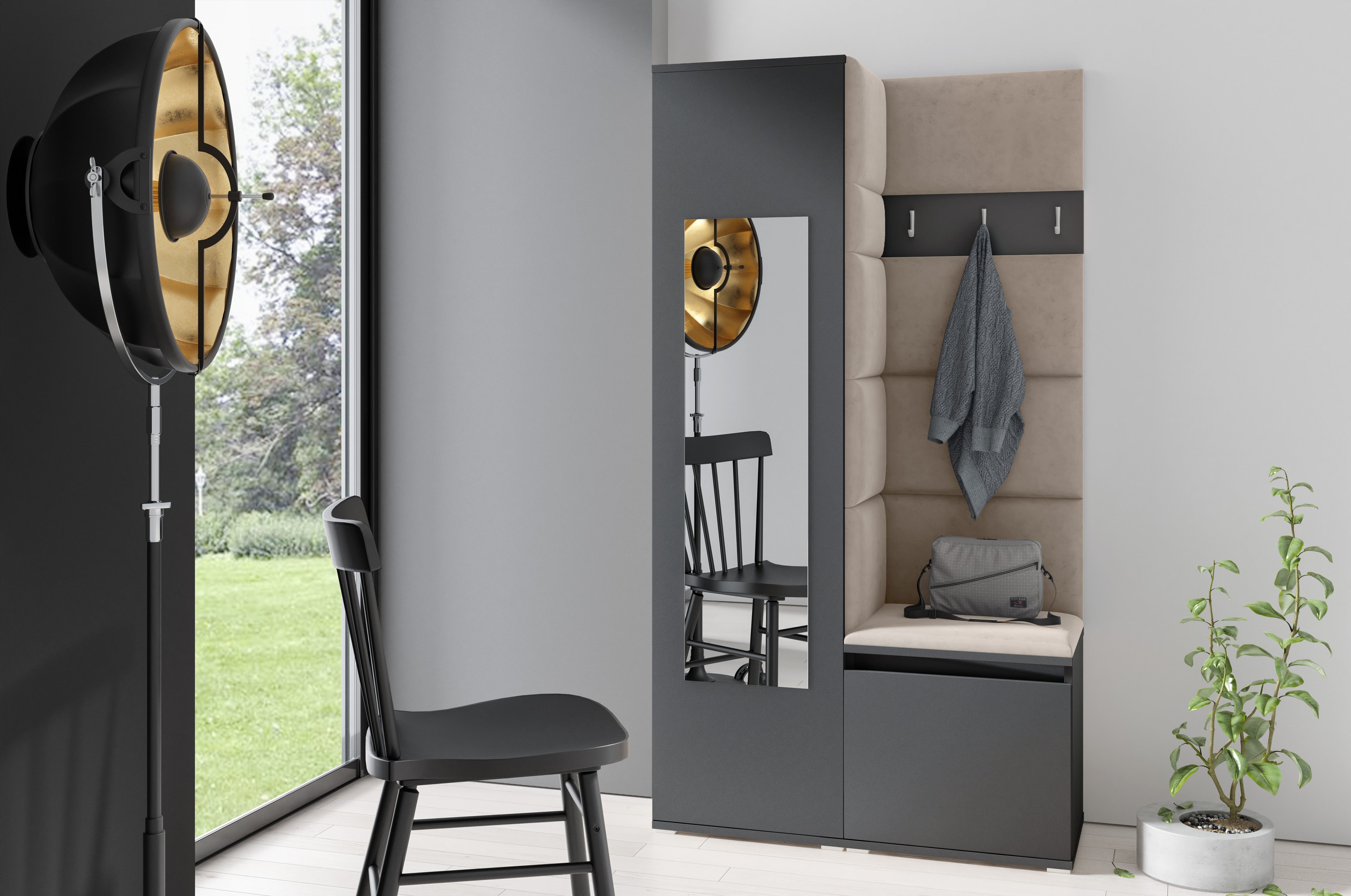PK Emi 13 Hallway Wardrobe Graphite - Upholstered Panels in Various Colours