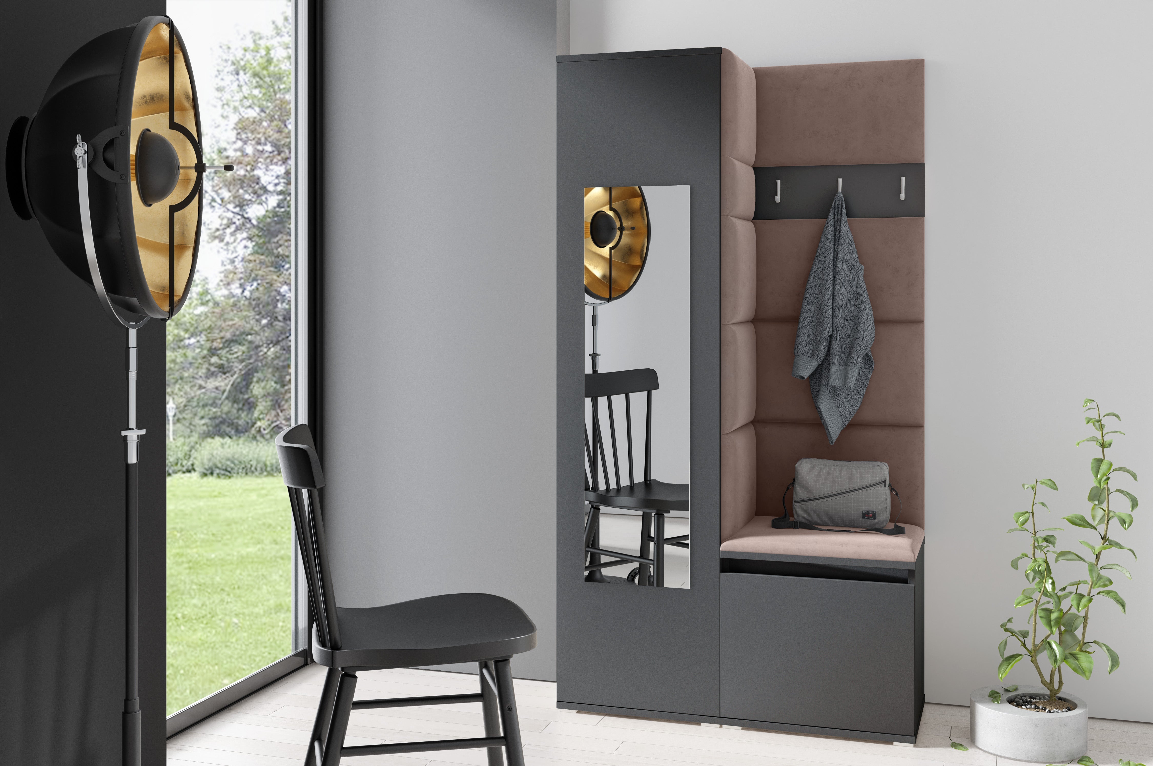 PK Emi 13 Hallway Wardrobe Graphite - Upholstered Panels in Various Colours