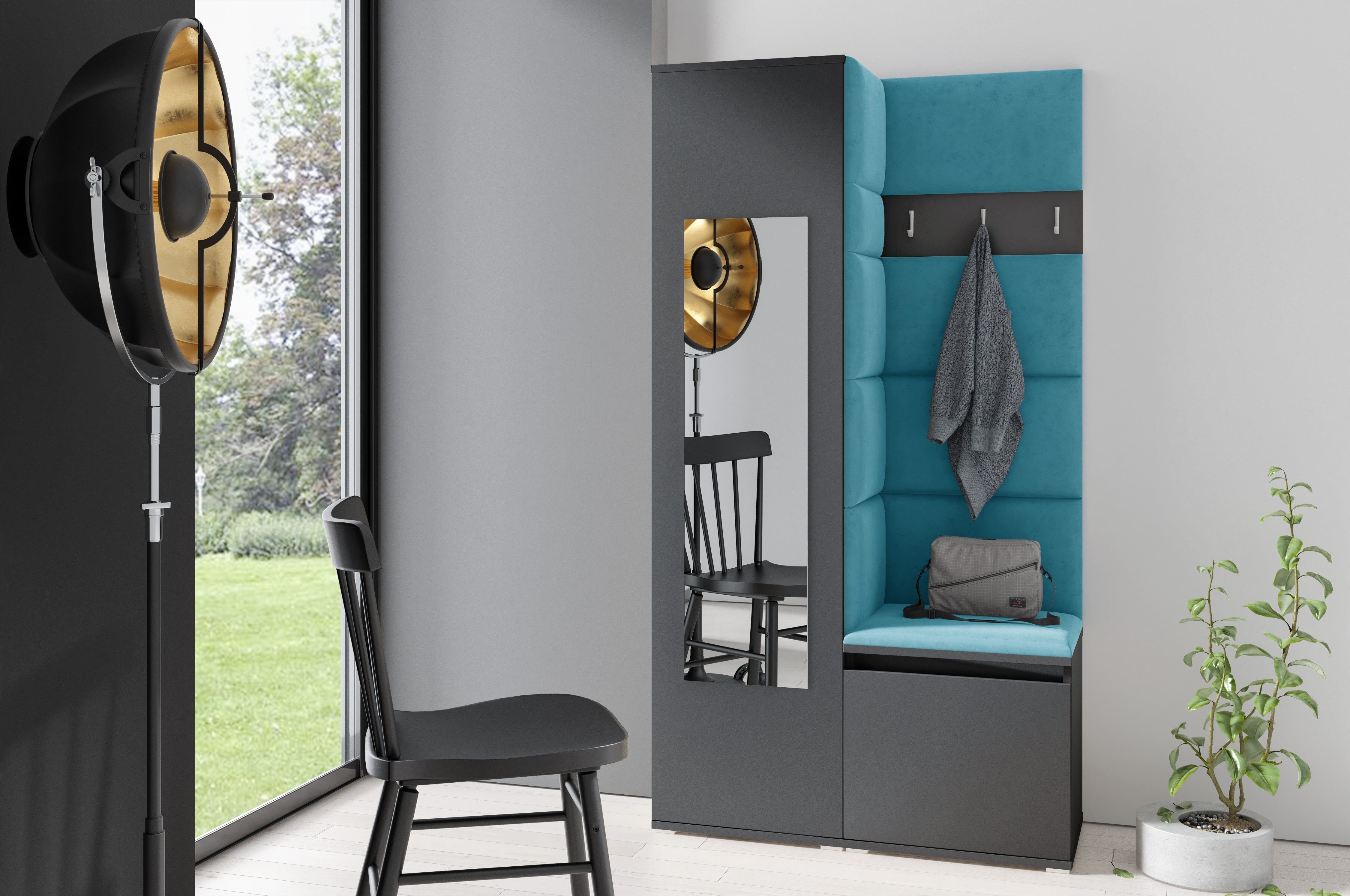 PK Emi 13 Hallway Wardrobe Graphite - Upholstered Panels in Various Colours