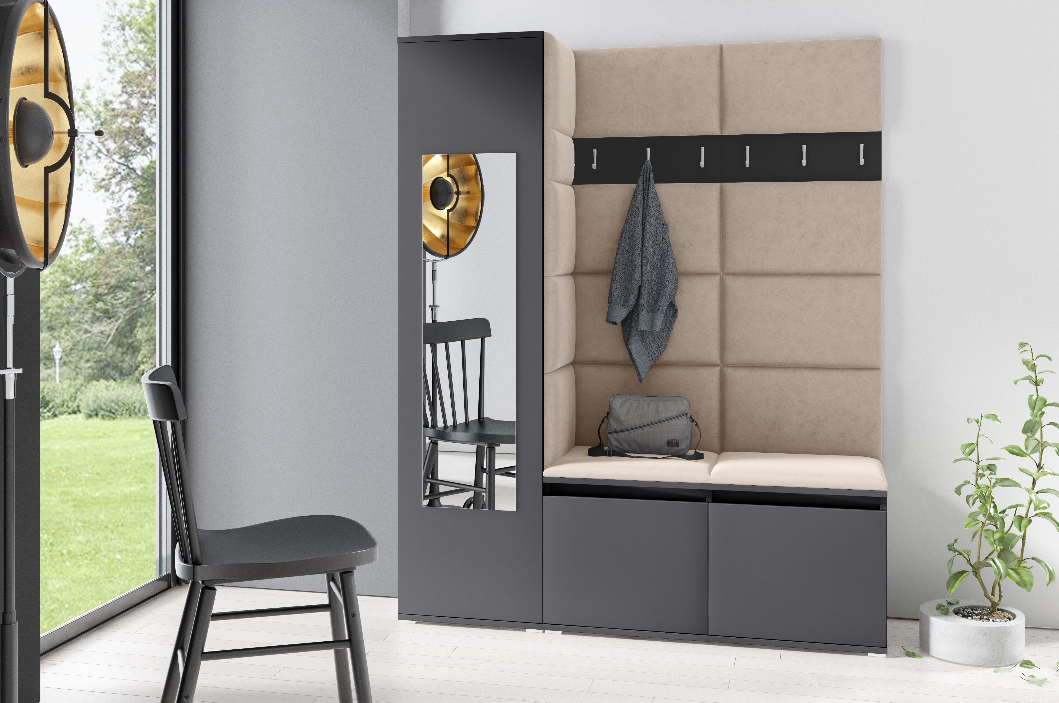 PK Emi 14 Hallway Wardrobe Graphite - Upholstered Panels in Various Colours