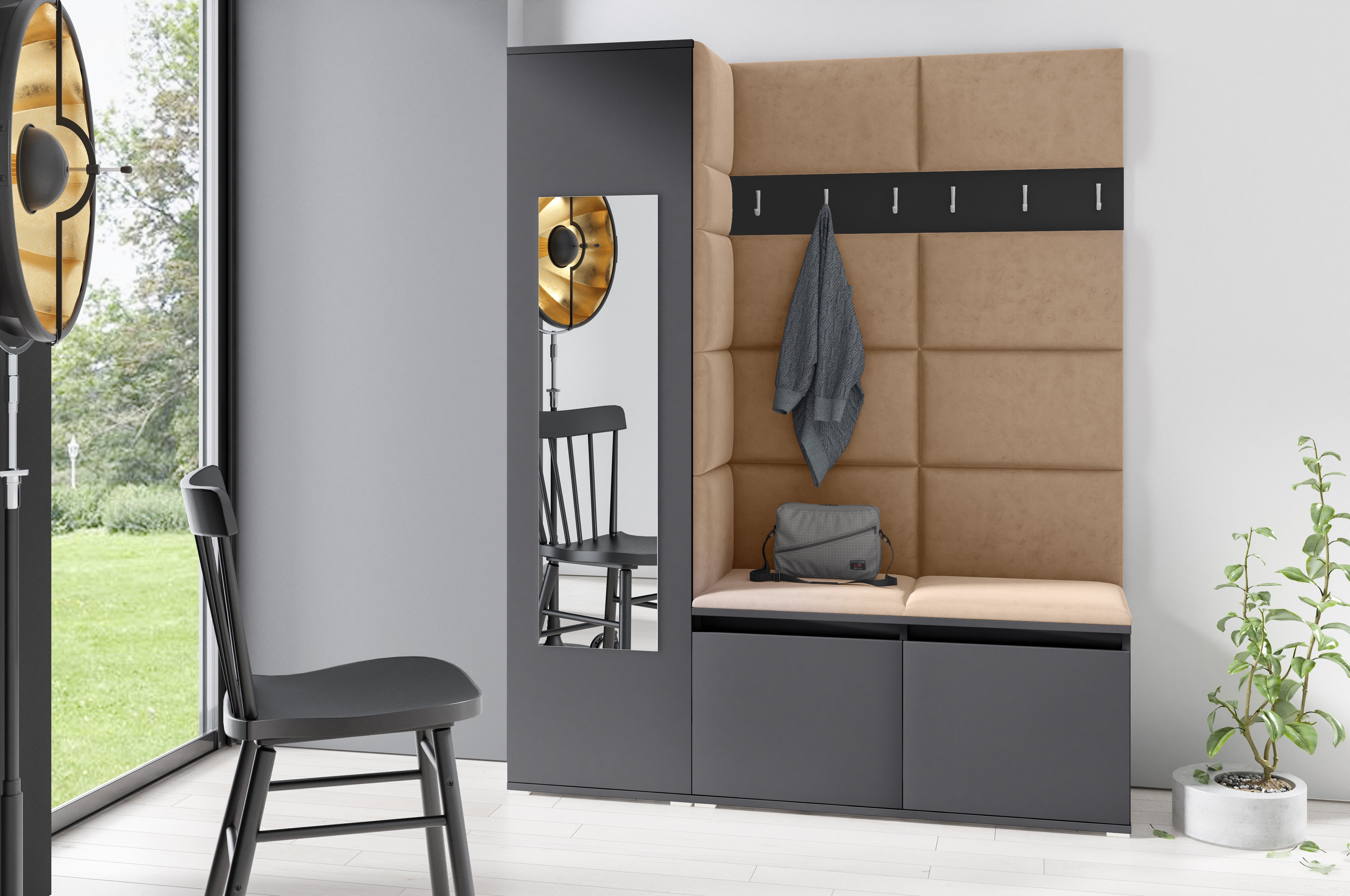 PK Emi 14 Hallway Wardrobe Graphite - Upholstered Panels in Various Colours