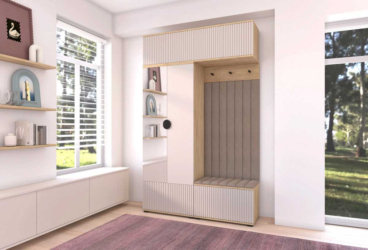 Bello Hallway Wardrobe Set 2 – Choose Leg Height, Mirror & Panel Colour | Cashmere & Cremona Oak