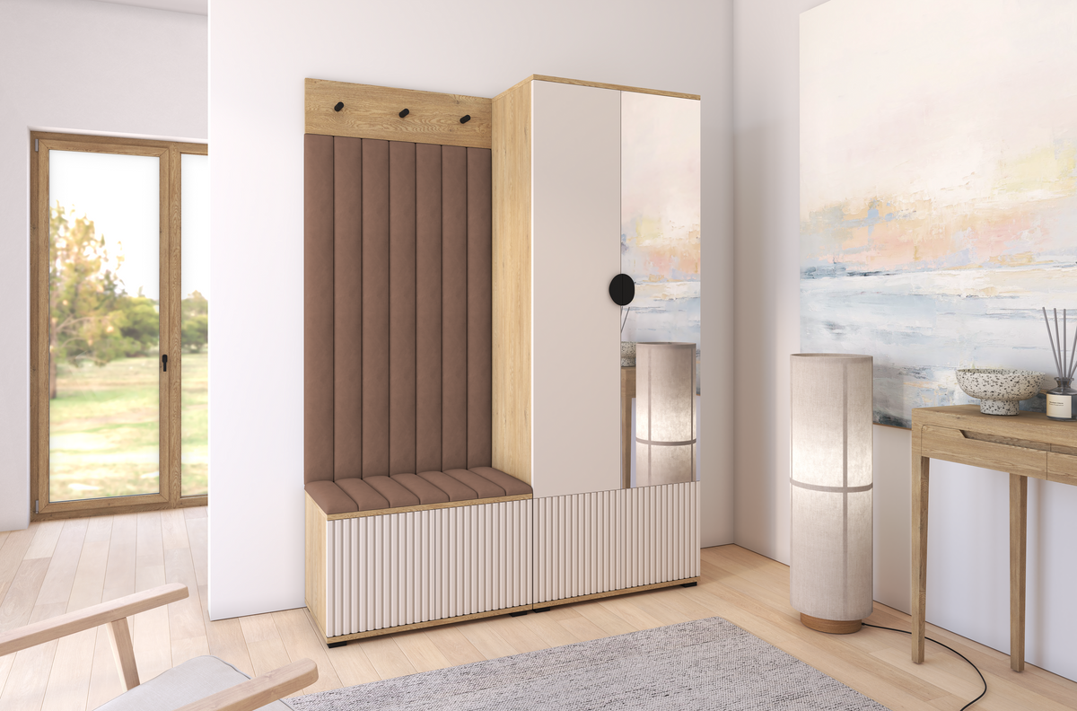 Bello Garderoben-Set 1 – Bein- und Spiegelfarbe wählbar, Paneelfarbe | Kaschmir & Cremona Eiche