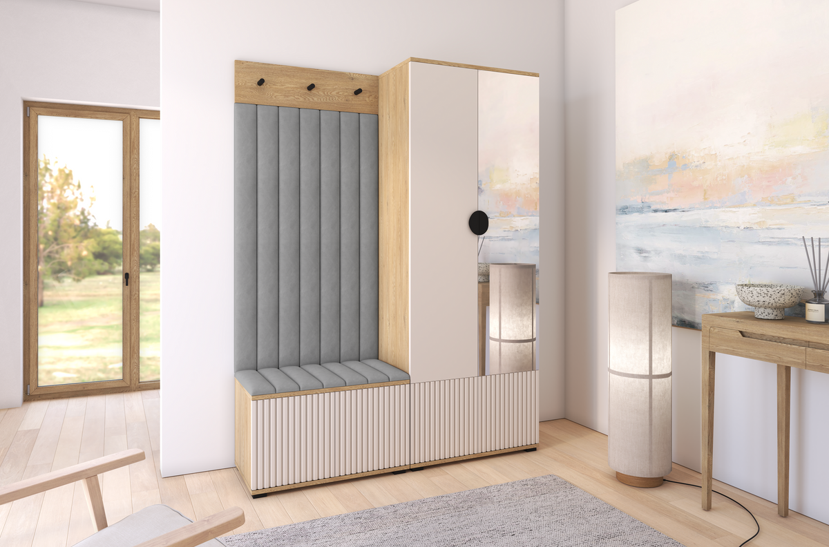 Bello Garderoben-Set 1 – Bein- und Spiegelfarbe wählbar, Paneelfarbe | Kaschmir & Cremona Eiche
