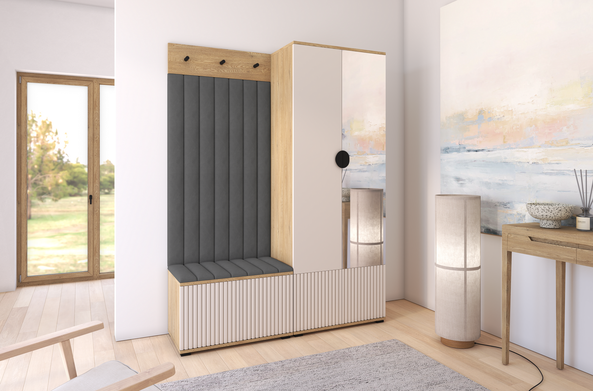 Bello Garderoben-Set 1 – Bein- und Spiegelfarbe wählbar, Paneelfarbe | Kaschmir & Cremona Eiche