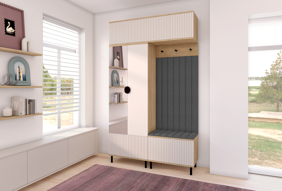 Bello Hallway Wardrobe Set 2 – Choose Leg Height, Mirror & Panel Colour | Cashmere & Cremona Oak