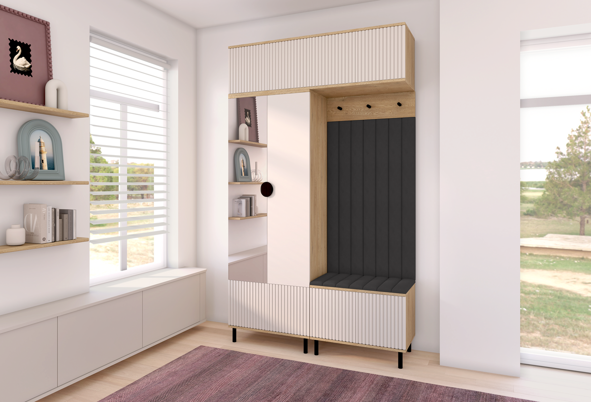 Bello Hallway Wardrobe Set 2 – Choose Leg Height, Mirror & Panel Colour | Cashmere & Cremona Oak