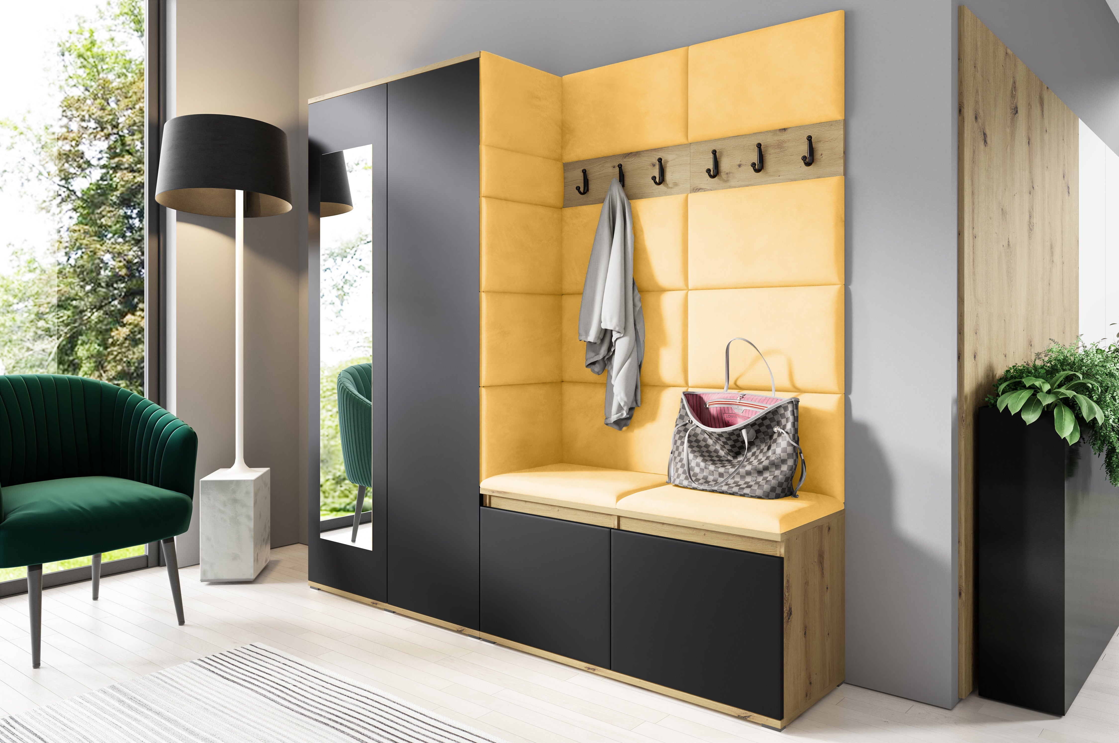 PK Emi 8 Flurgarderobe Artisan Eiche/Schwarz - Polsterpaneele in verschiedenen Farben