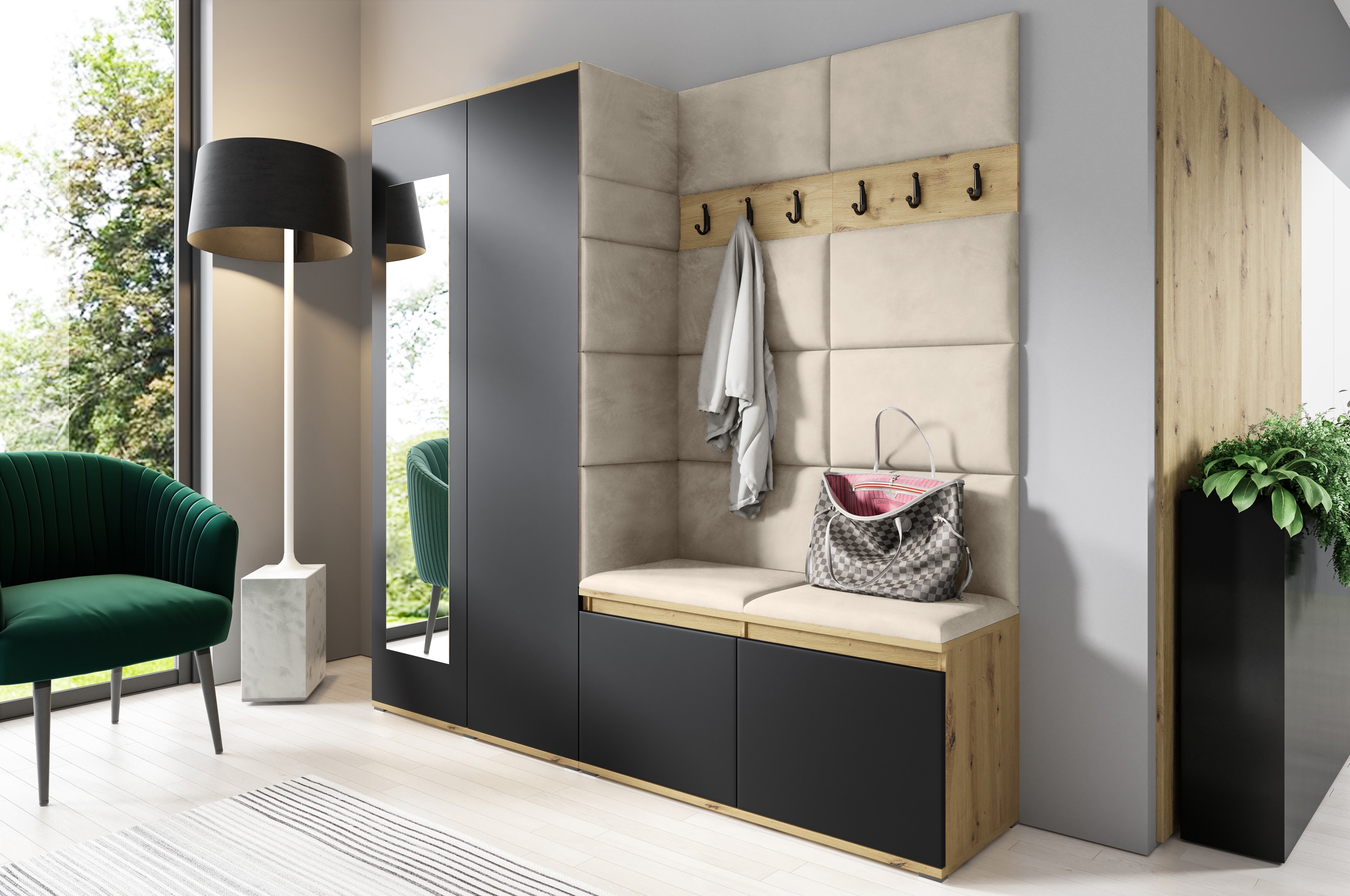 PK Emi 8 Flurgarderobe Artisan Eiche/Schwarz - Polsterpaneele in verschiedenen Farben