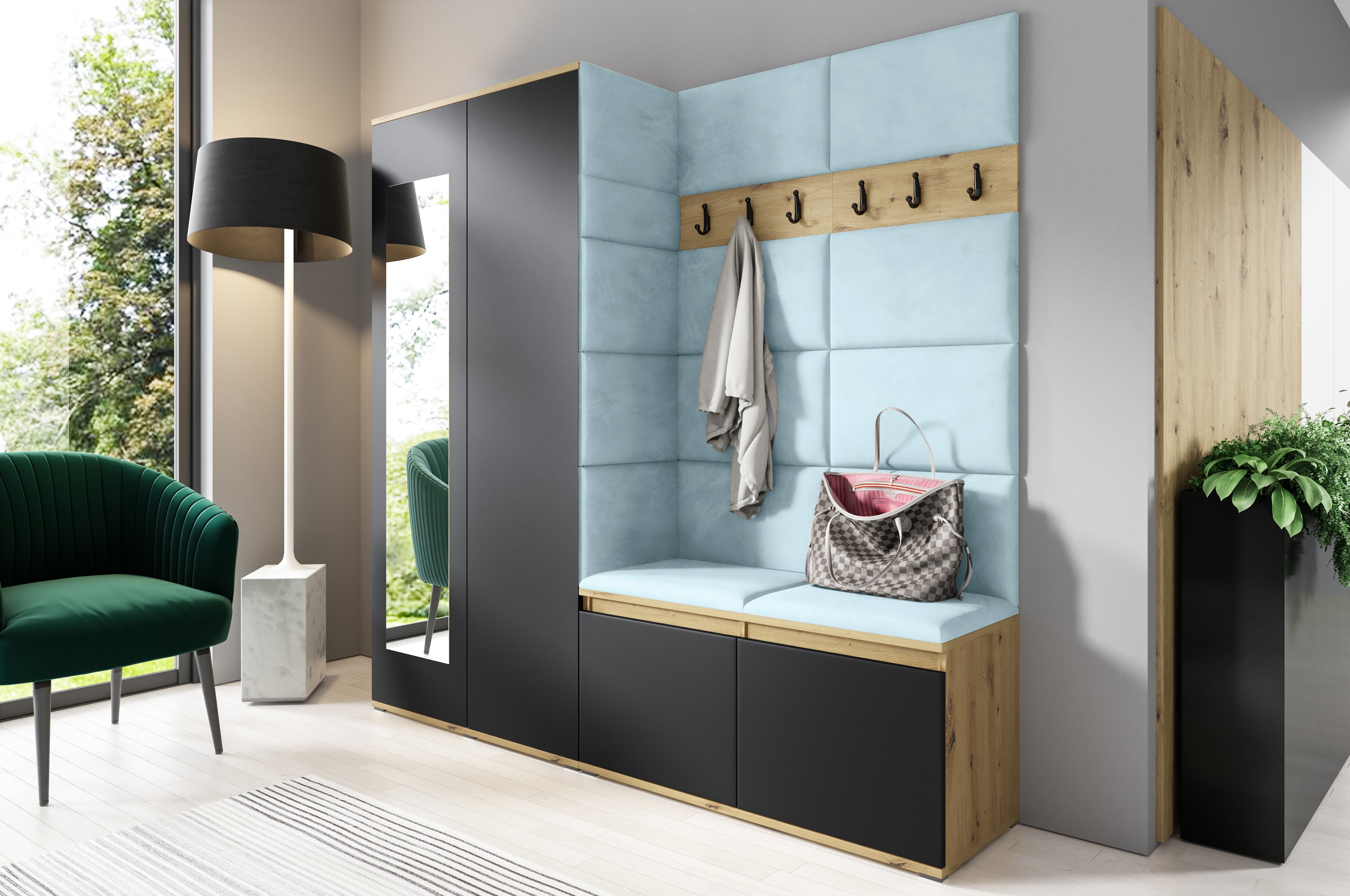 PK Emi 8 Flurgarderobe Artisan Eiche/Schwarz - Polsterpaneele in verschiedenen Farben