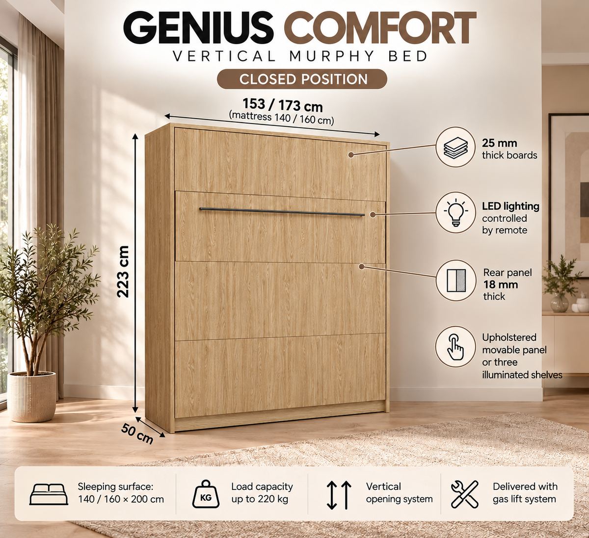 Customizable Genius COMFORT Murphy Bed Furniture Set 140 × 200 cm – Cashmere
