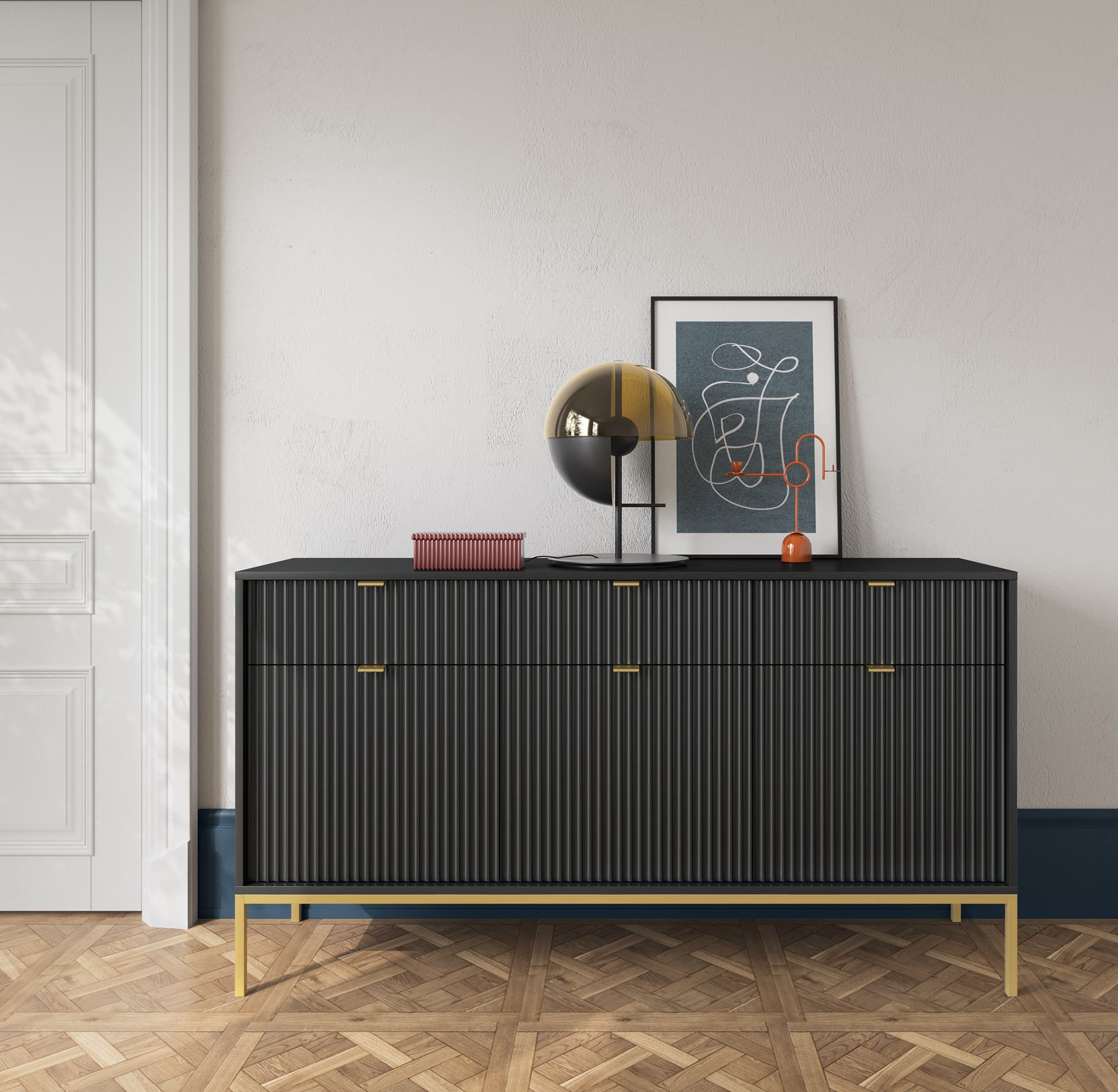 Nova Dresser Black - Modern Design with Three Push to Open Door and Three Drawers