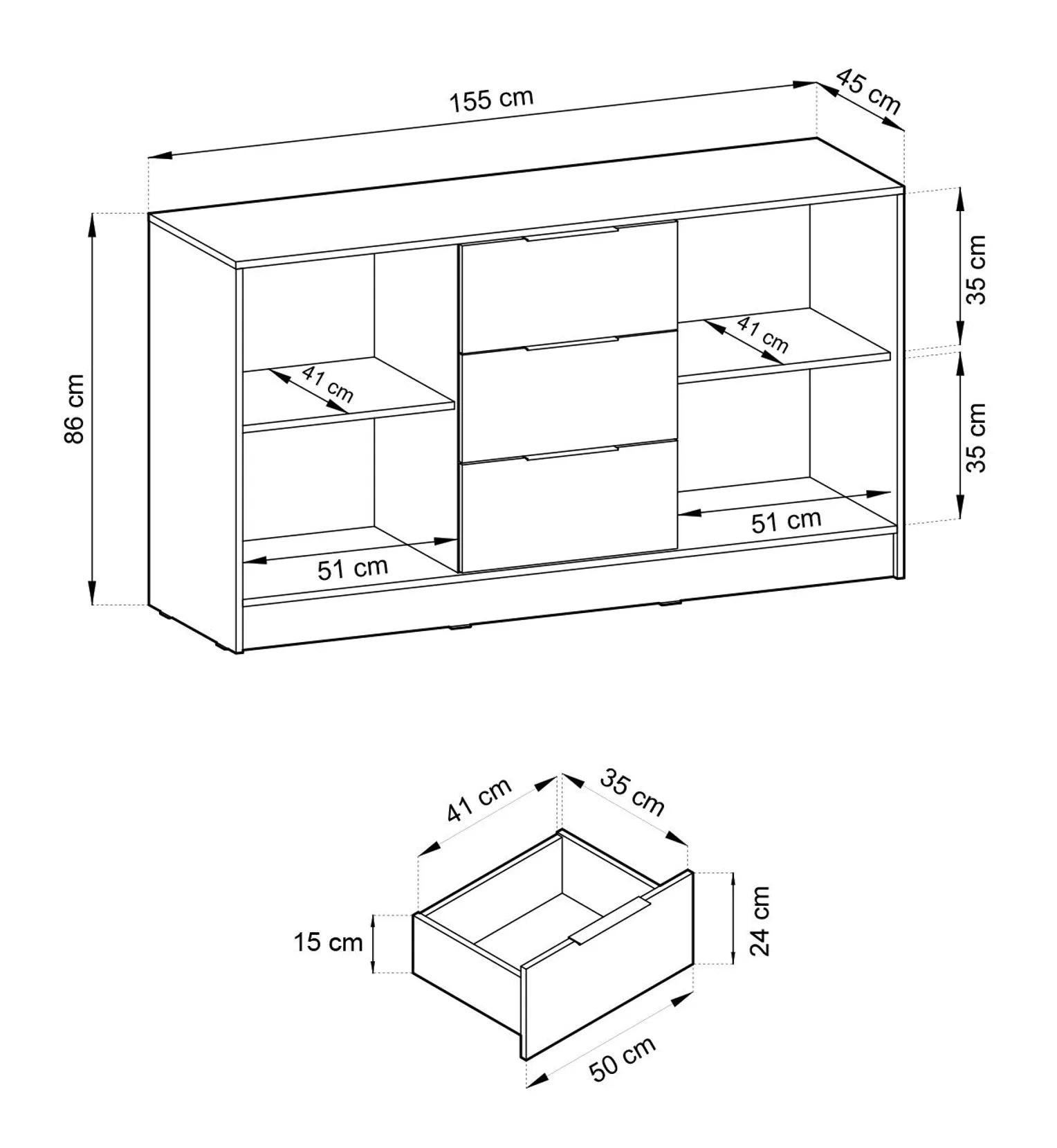 Nelly K3 Kommode – Artisan Eiche / Schwarze Latten