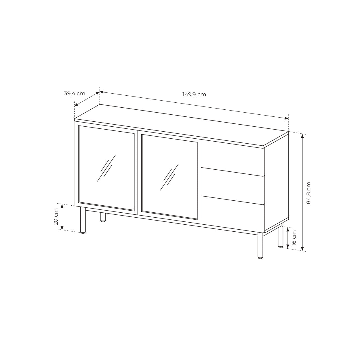 Lask Lang – Sideboard 150 cm 2 Doors 3 Drawers