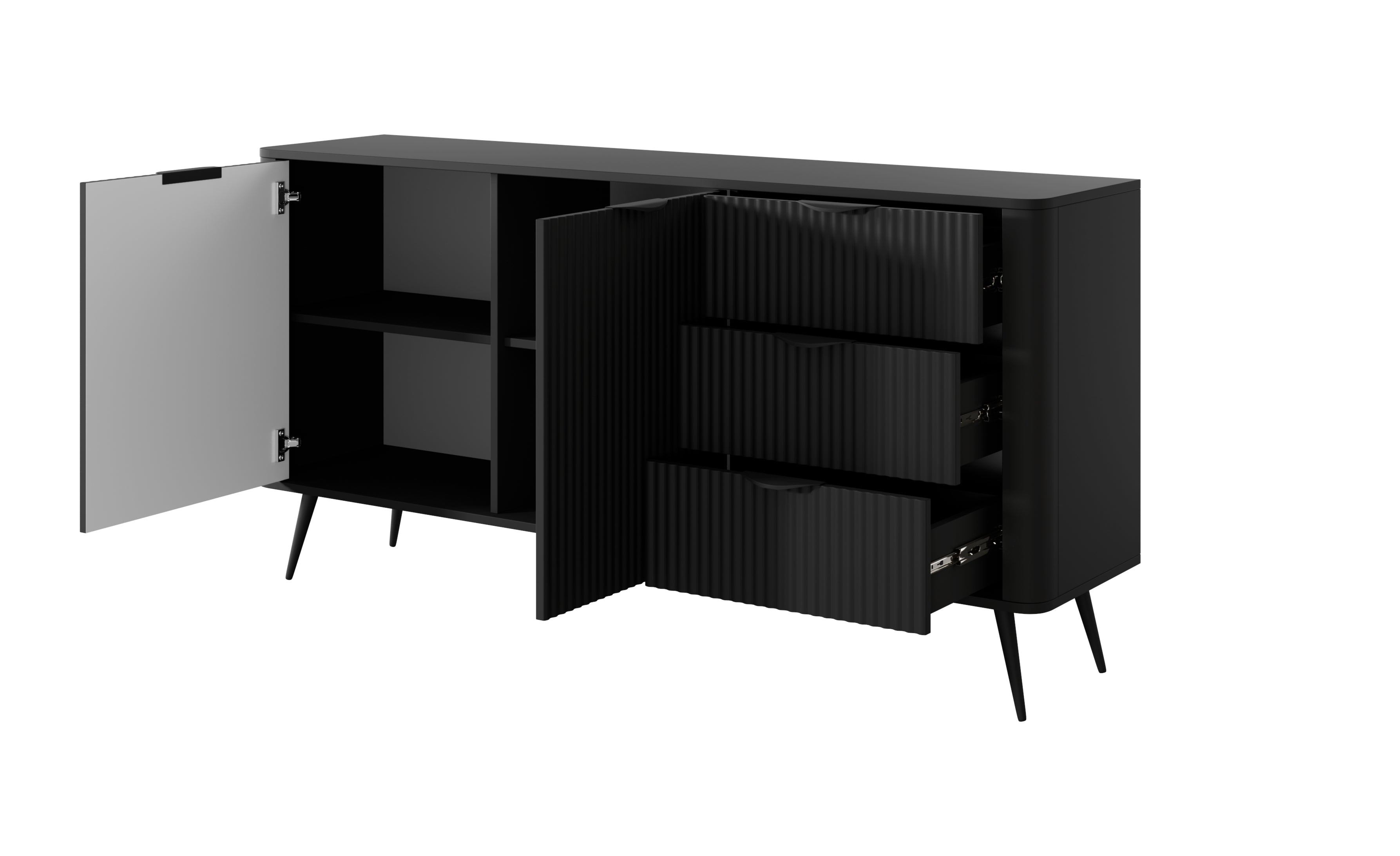 Lask Lante – Sideboard 163 cm mit 2 Türen und 3 Schubladen, Schwarz (163,2 × 81,2 × 38 cm)