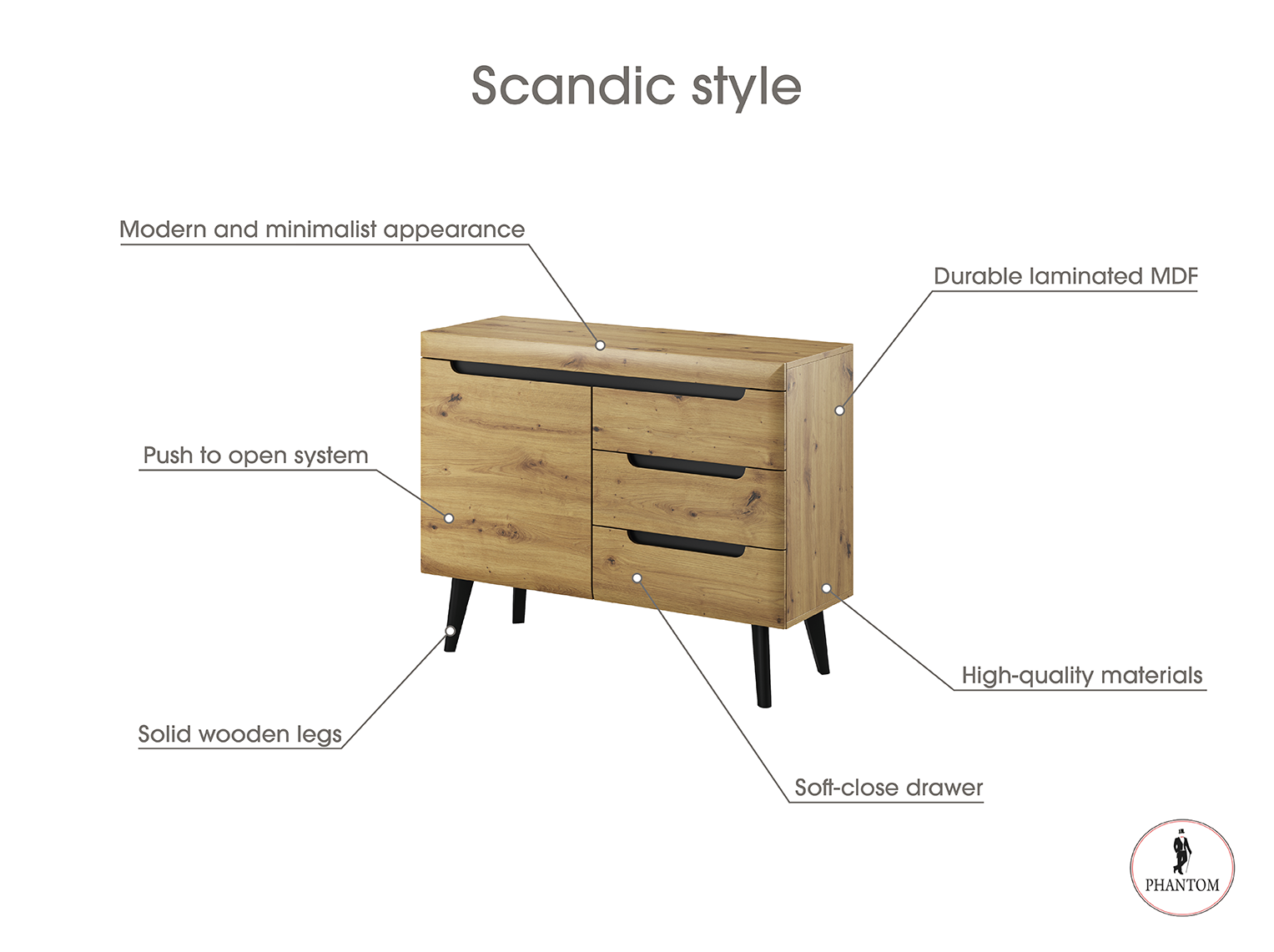 Nordi Kommode Weiß - Scandic Style mit One Push to Open System Türen und drei Schubladen 