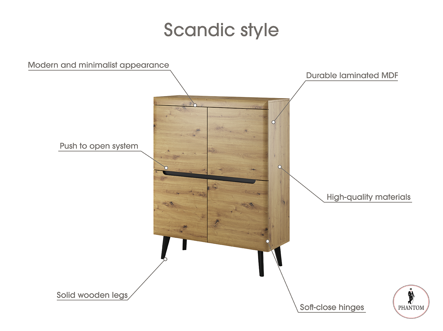 Nordi Schrank Weiß - Scandic Style mit vier Push to Open System Türen 