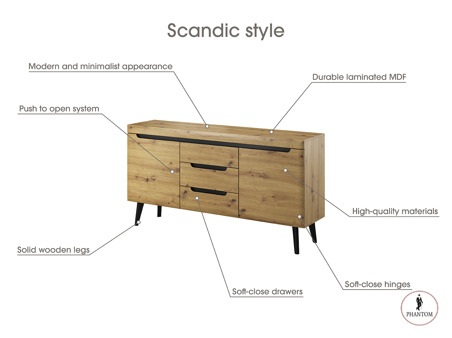 Nordi Kommode Weiß - Scandic Style mit zwei Push to Open System Türen und drei Schubladen 