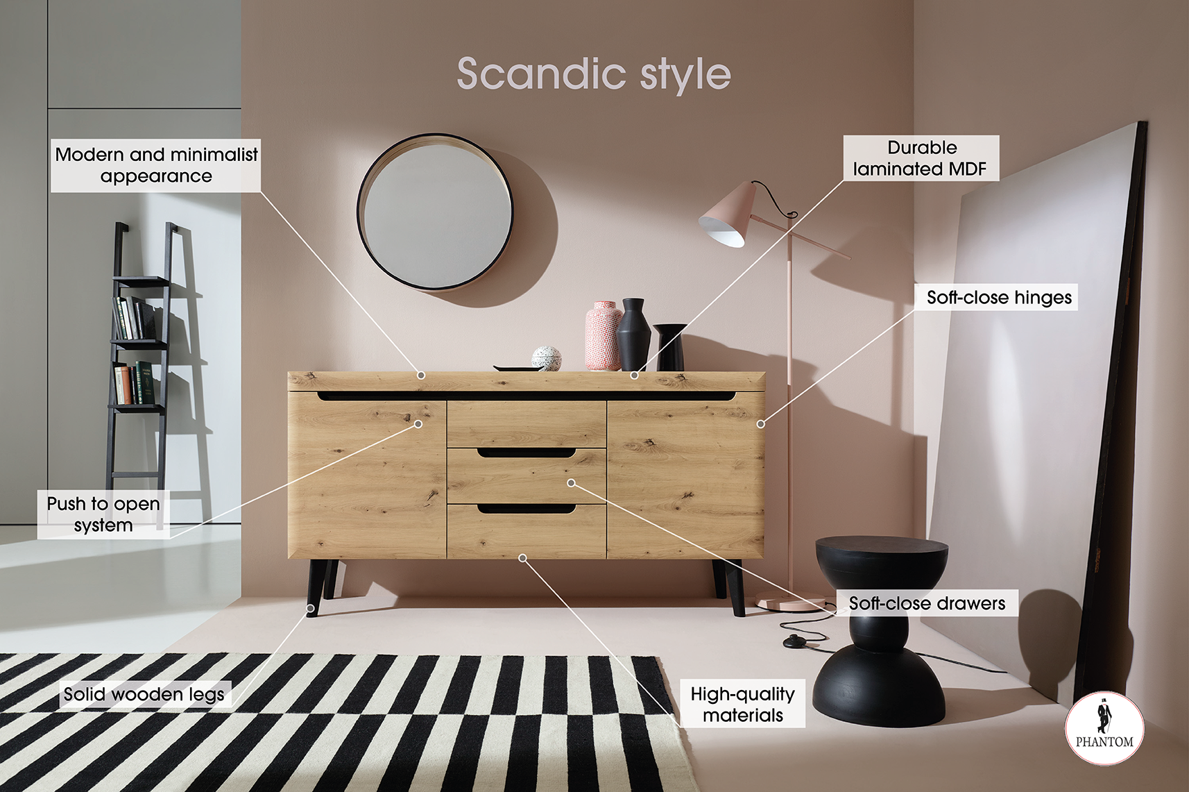 Nordi Kommode Artisan Oak - Scandic Style mit zwei Türen mit Push to Open System und drei Schubladen 